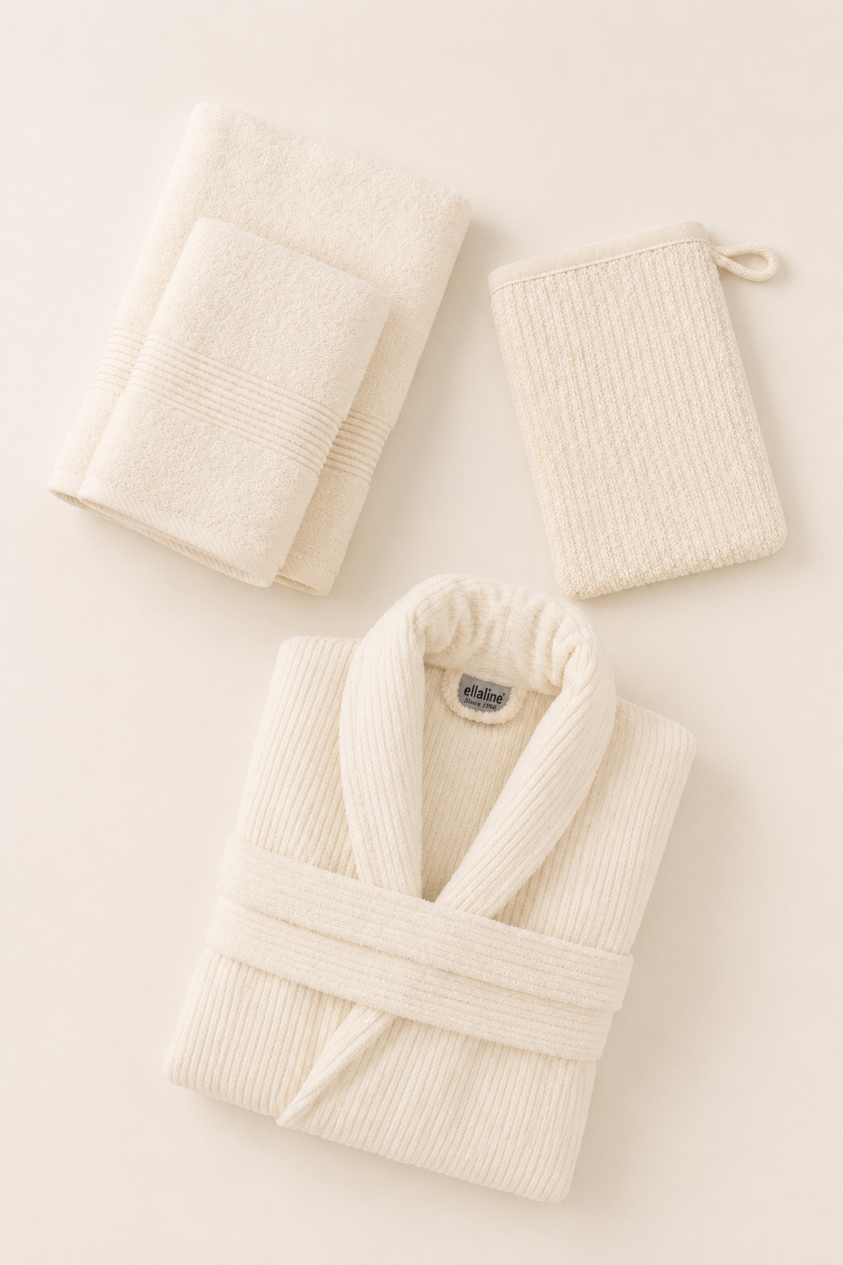 Eldy Striped Bathrobe Set, 4 Pieces, 100% Cotton Certified Spiral Bathrobe Set - Cream