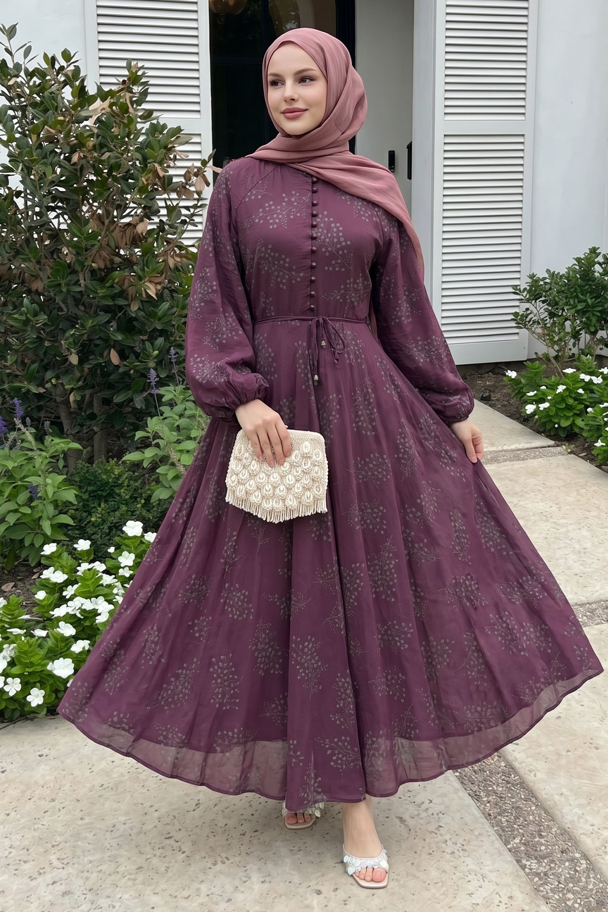 InStyle Button Detailed Floral Plum Dress