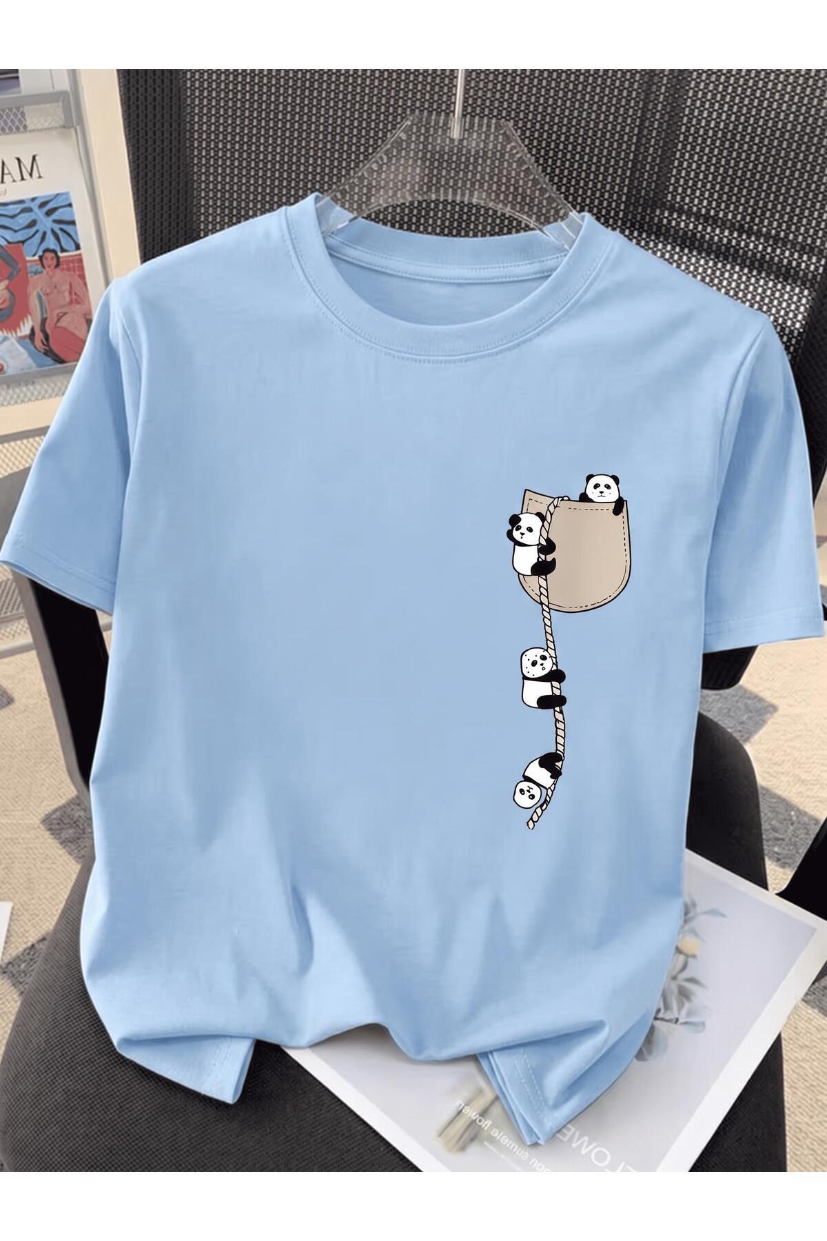 Oksit Niedliches Panda-Grafik-T-Shirt mit Kordelzug und Taschendetail, kurzär...