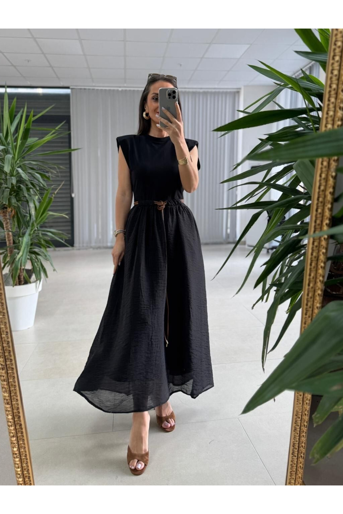 My Blog Black Leather Belted Padded Dress - 0103