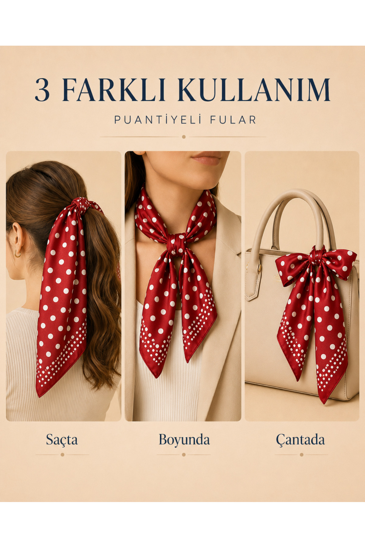 OUS Kadın Puantiyeli 50x50 cm Saten Fular, Kırmızı İpeksi Dokulu Kare Boyun Saç ve Çanta Aksesuarı görsel 2