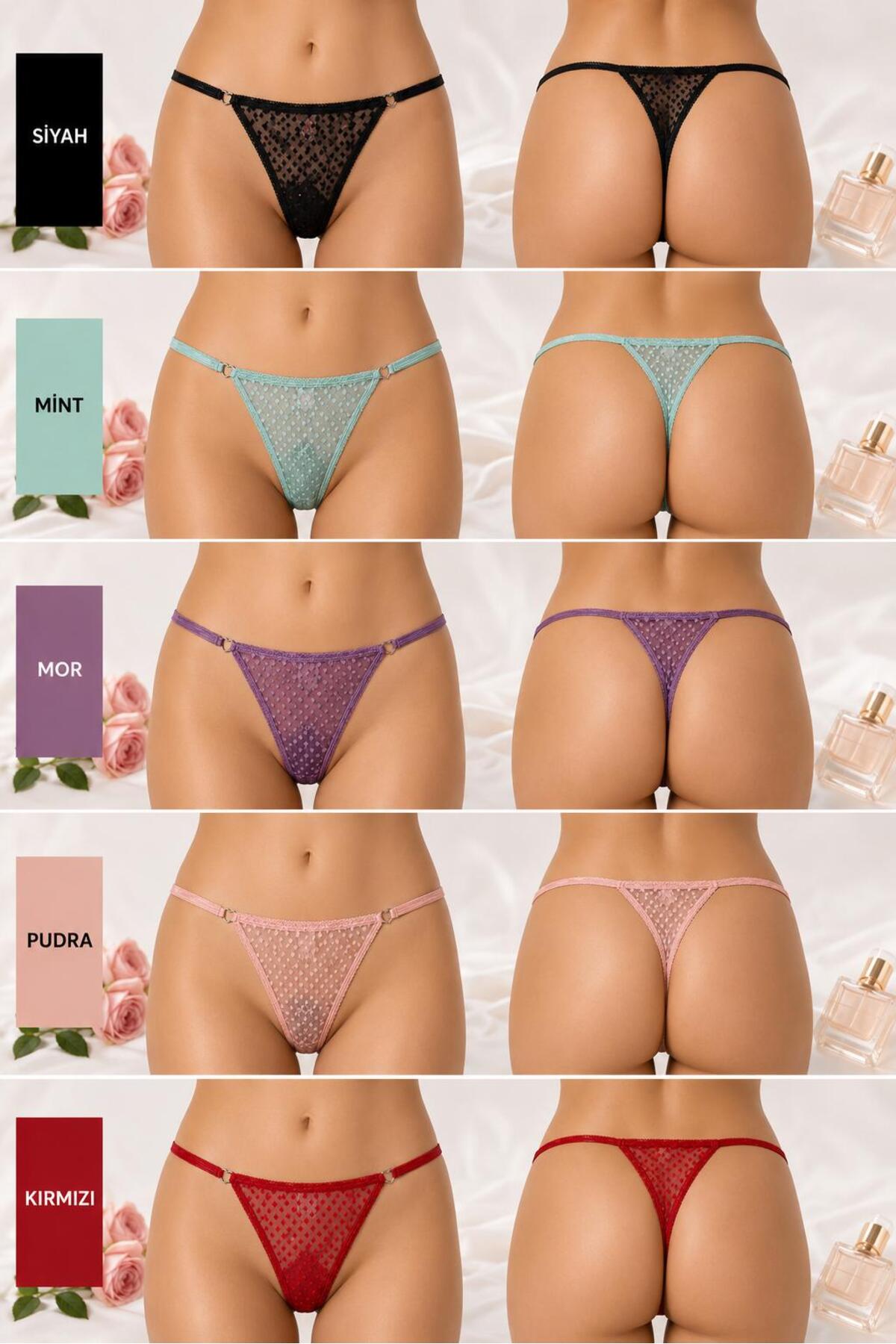 MAVİ QUMSAL Kadın Tül String Külot Desenli Tanga İç Giyim 5'li set görsel 2