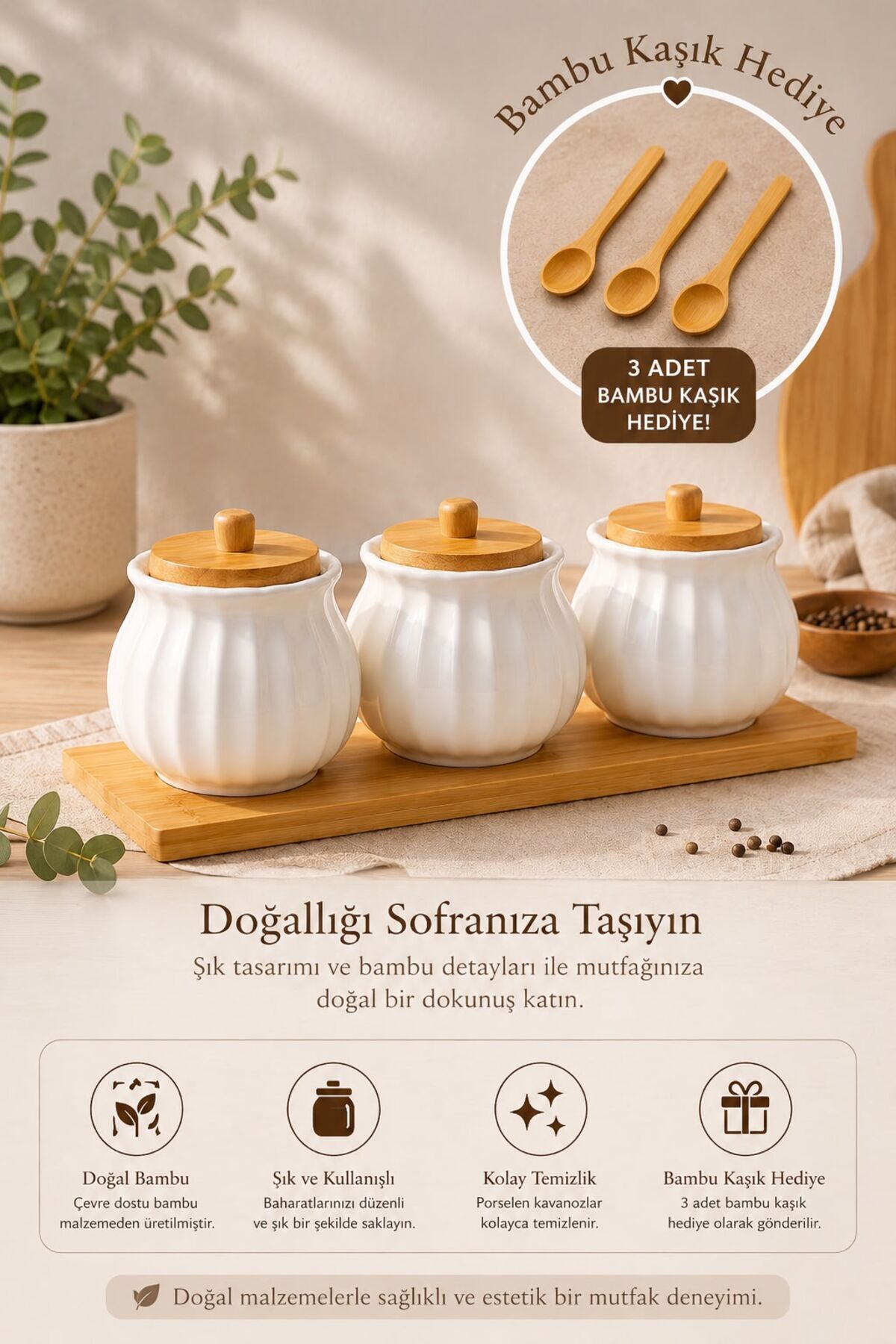 ENYAZA(2024) 3'lü Porselen Baharatlık Seti Bambu Vakum Kapaklı