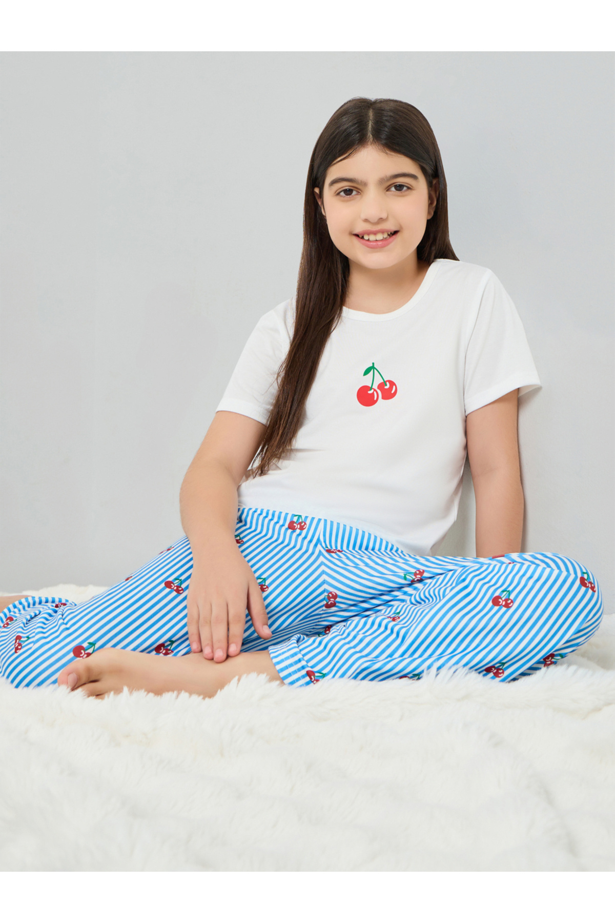 Styli Teen Girls Cherry Print T-Shirt and Striped Pyjama Set