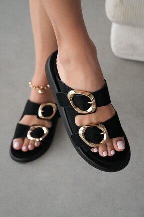 selin shoes Arlena Ayarlanabilir Çift Gold Toka Detaylı Kadın Terlik- SİYAH SÜET