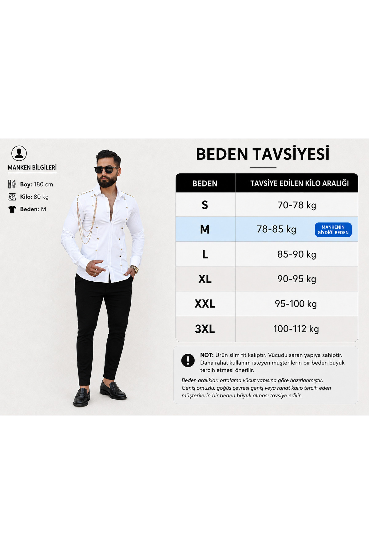 Zincir Aksesuarlı Metal Düğme Detaylı Slim Fit Beyaz Gömlek Erkek Taş İşlemeli — سفید BAYIM ZİNCİRLİ — تصویر 3 از 4