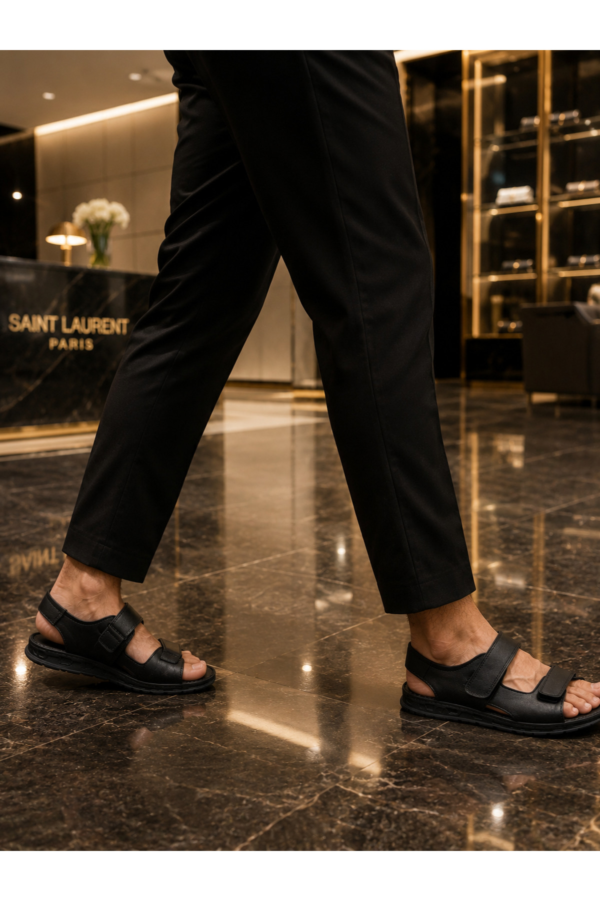 Cooka Shoes Erkek Siyah Cırt Cırtlı Hakiki Deri Günlük Sandalet Ortopedik Rahat Yazlık