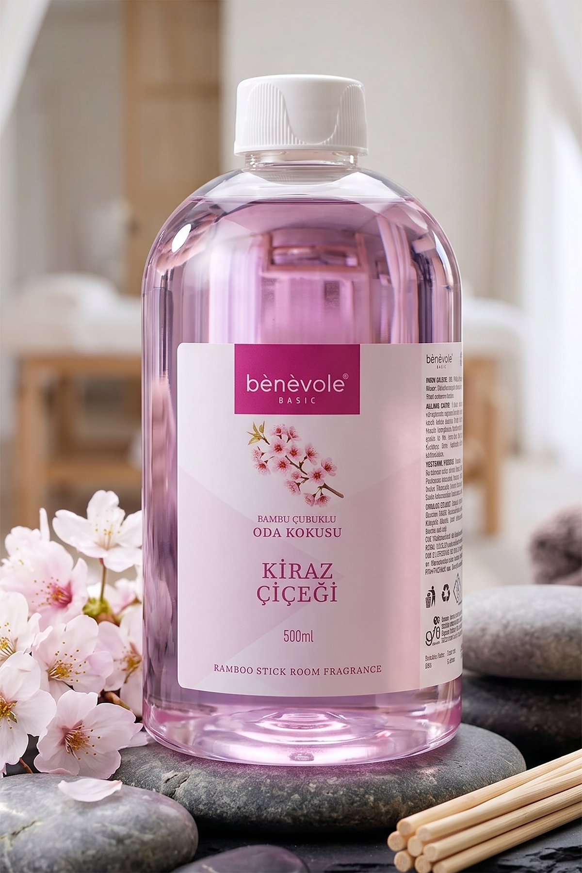 Room Fragrance Replacement Bottle with Cherry Blossom Sticks | Renewal Kit | Ambient Fragrance | 10 Pieces Bamboo Sticks Gift | 500 ml