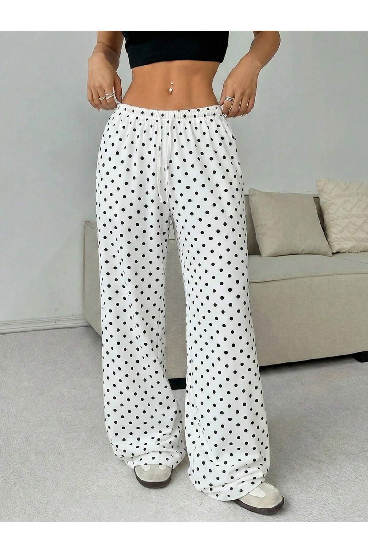 HIMMELDUF Women's Polka Dot Patterned Wide Leg Pants Comfortable Fit Palazzo