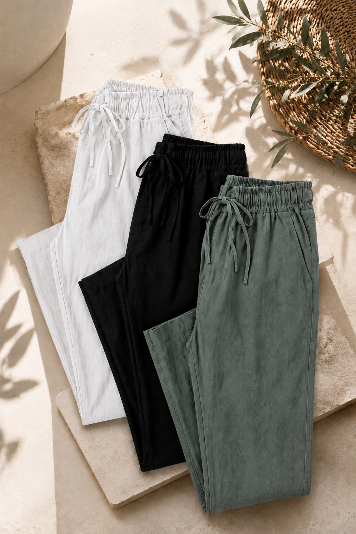 COMBİNE MİCHAİL Men's 3-Piece Loose Linen Trousers with Elastic Waist