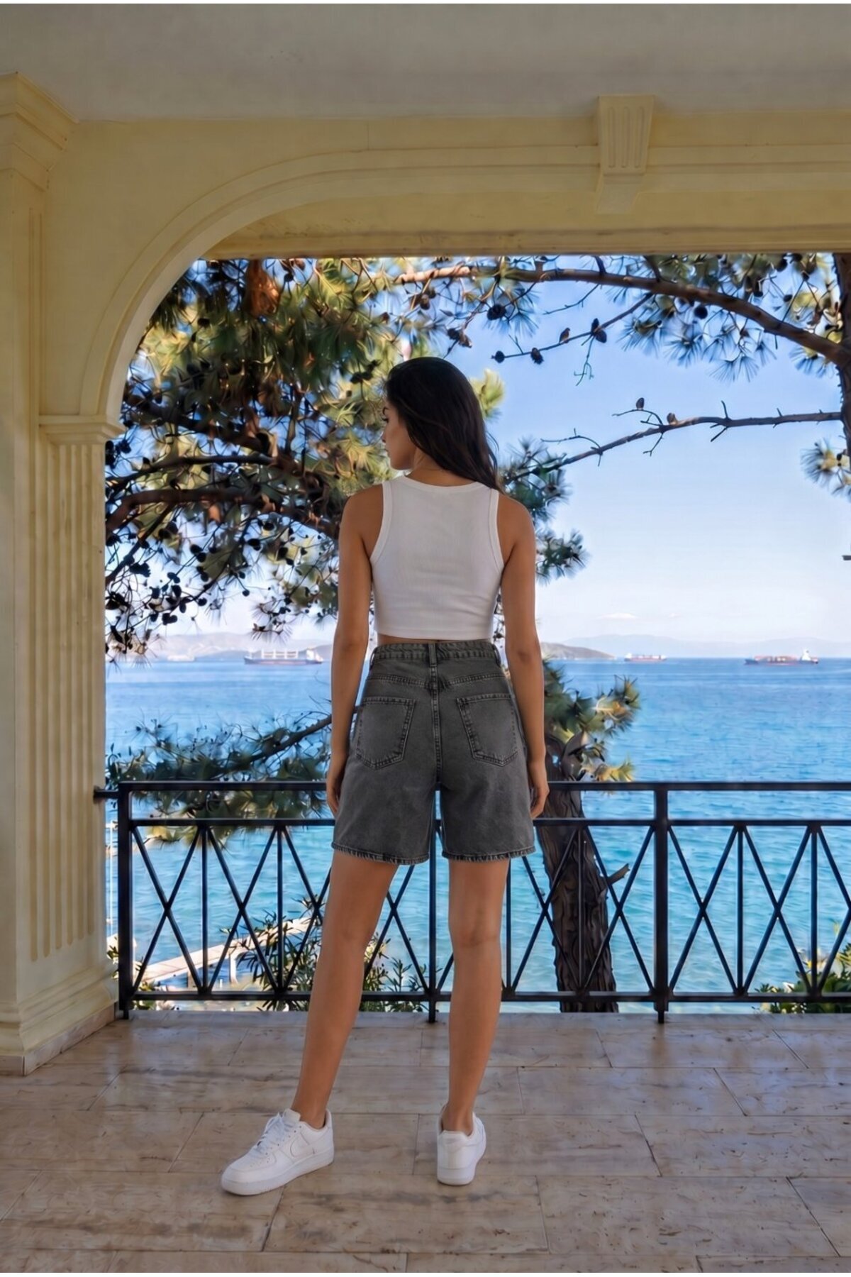 Füme Kadın Yüksek Bel Rahat kesim Kar Yıkama Jean şort 4