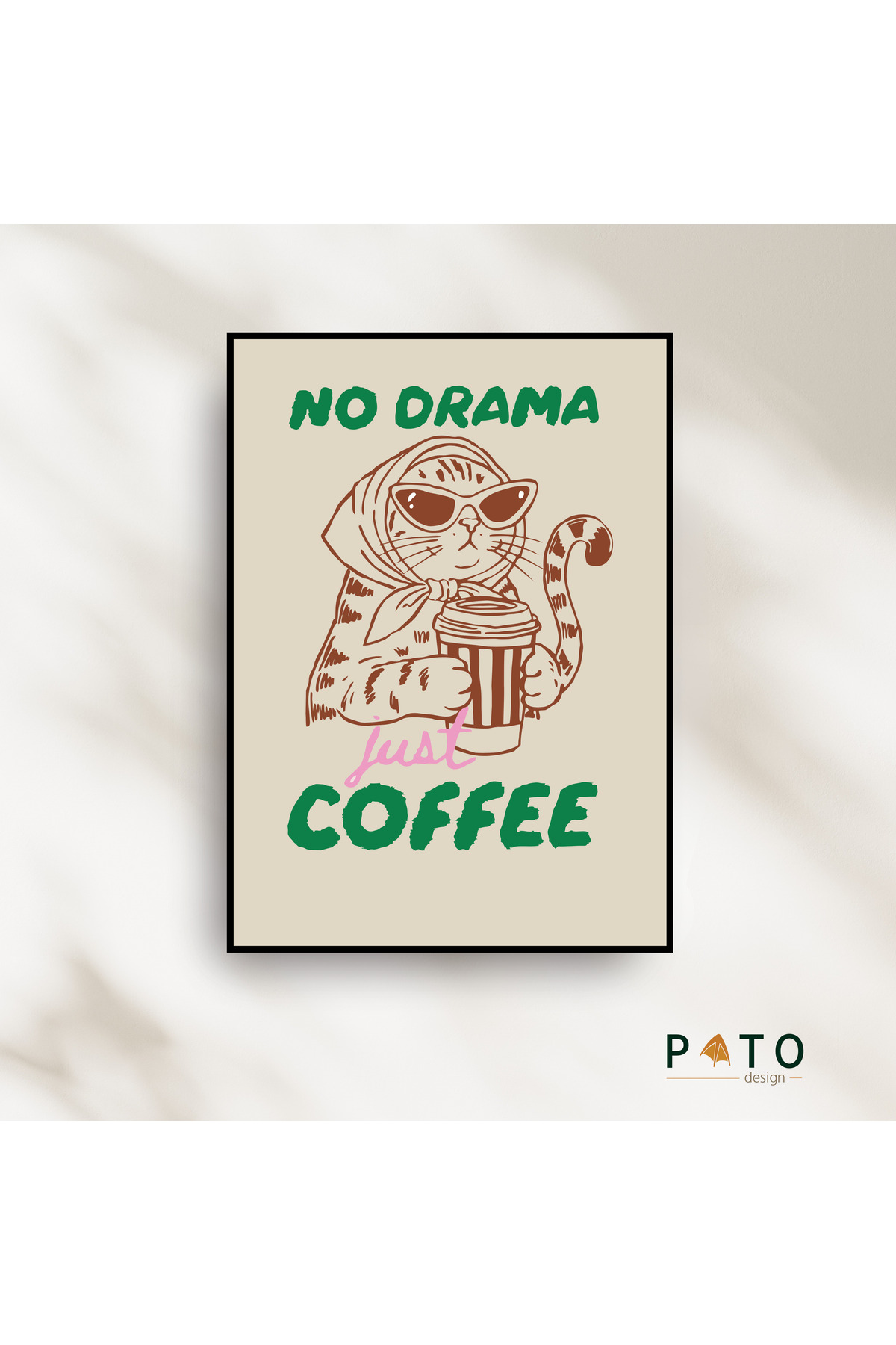 'No Drama, Just Coffee' Cat & Coffee Themed Decorative Painting | Black Framed | MDF & UV Printing