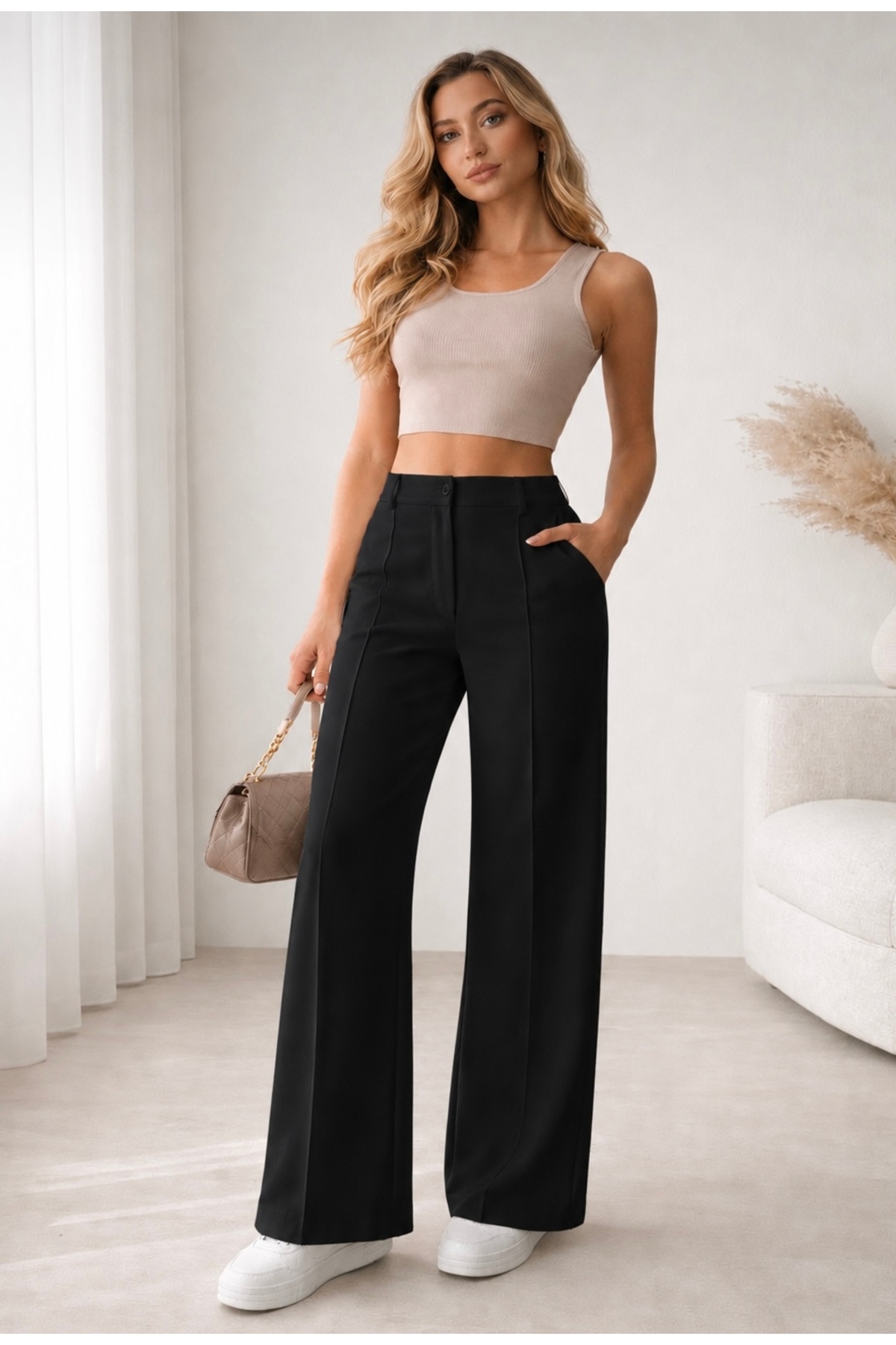 Women's Black Grass High Waist Palazzo Trousers