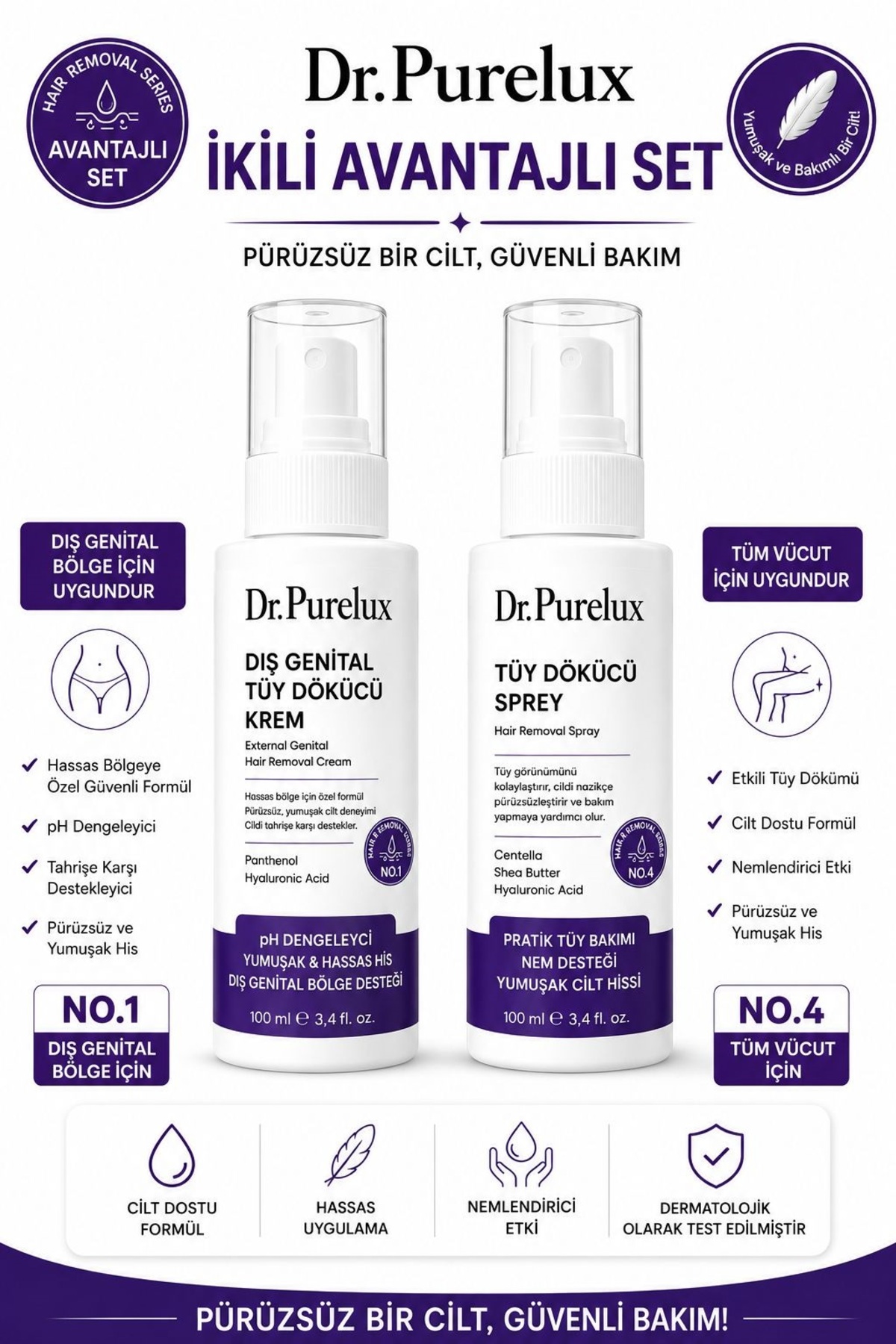 Dr.Pure Lux Cosmetic Tüy Dökücü Bakım Seti No.1 Dış Genital Bölge Kremi 100 ml + No.4 Tüy Dökücü Sprey 100 ml — DrTuy1ve4