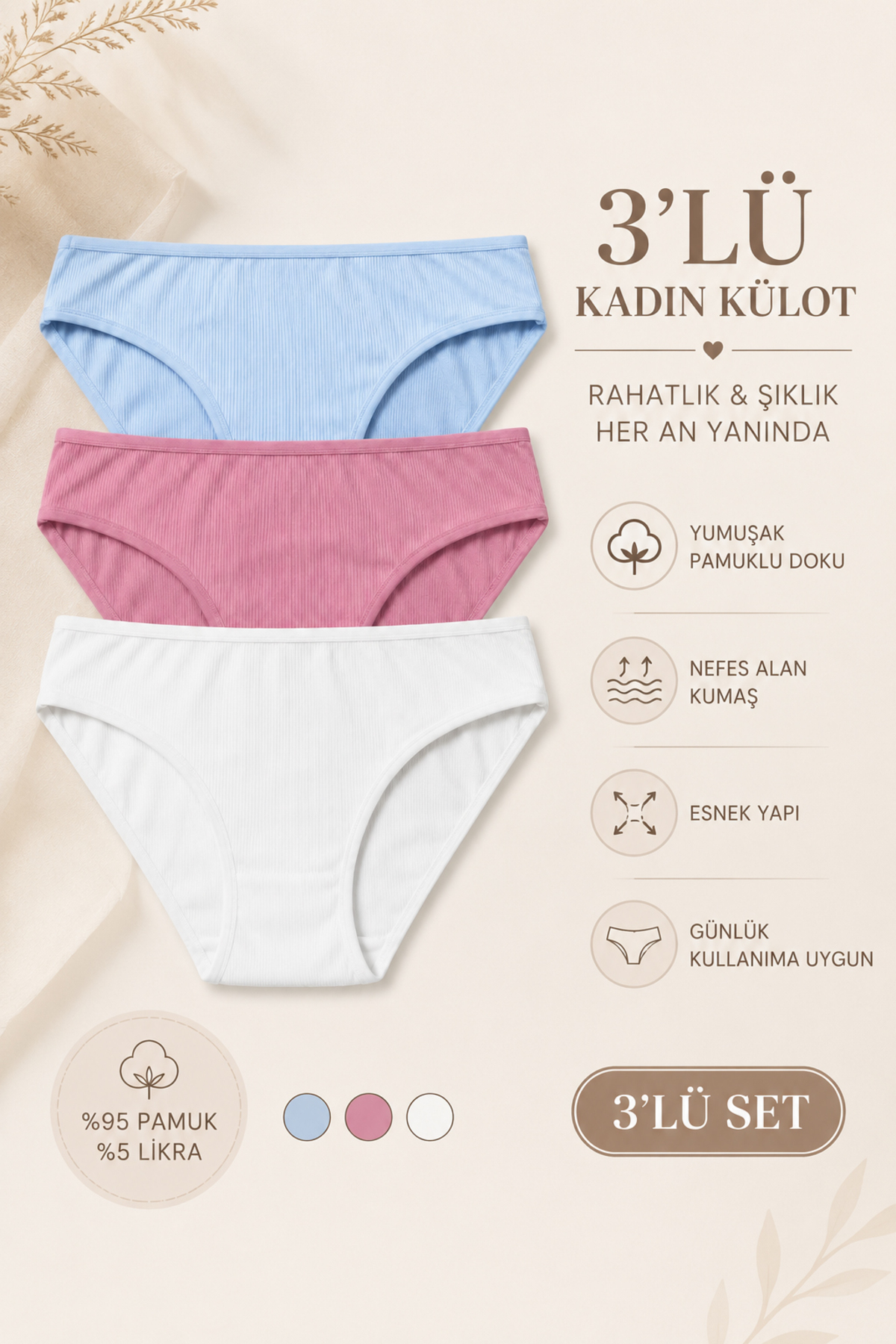 Nicoletta Women's Panties 3 Pack Lycra Cotton Ribbed Camisole Ribbed
