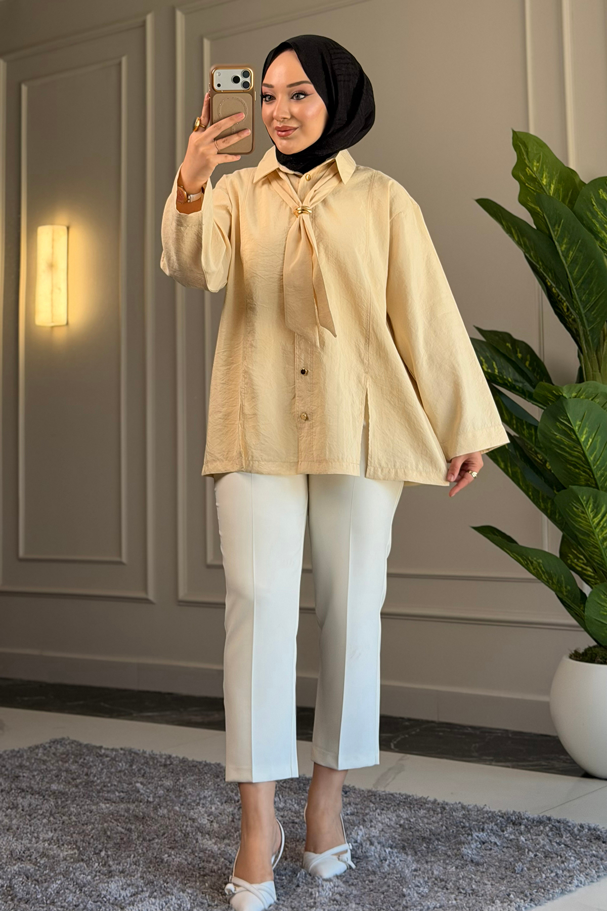 Suede Style  6463 - Şık Rahat Kravat Detaylı Dokuma Şeftali Kumaş Kadın Gömlek - Görsel 4