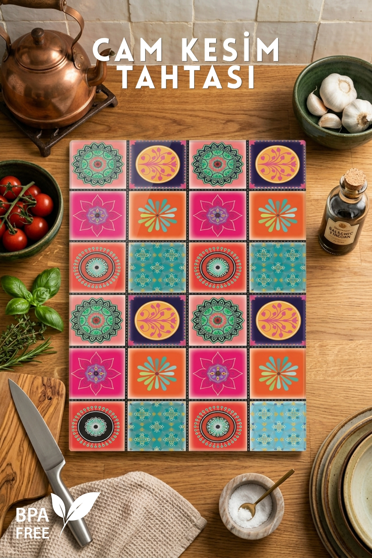 Ethnic Patterned Glass Cutting Board - 25x35cm -Durable and Practical Cutting Mat
