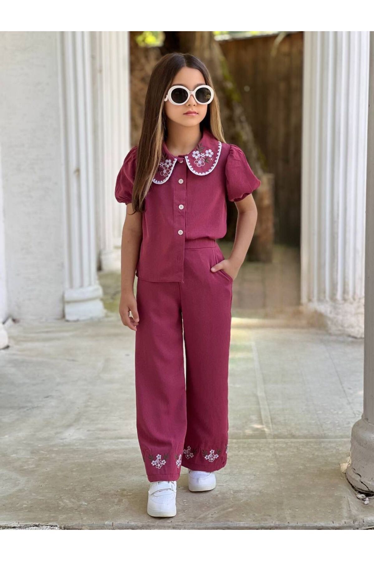 Lucky kidswear Linen Girls' Suit with Flower Embroidery Detail, Shirt and Pants