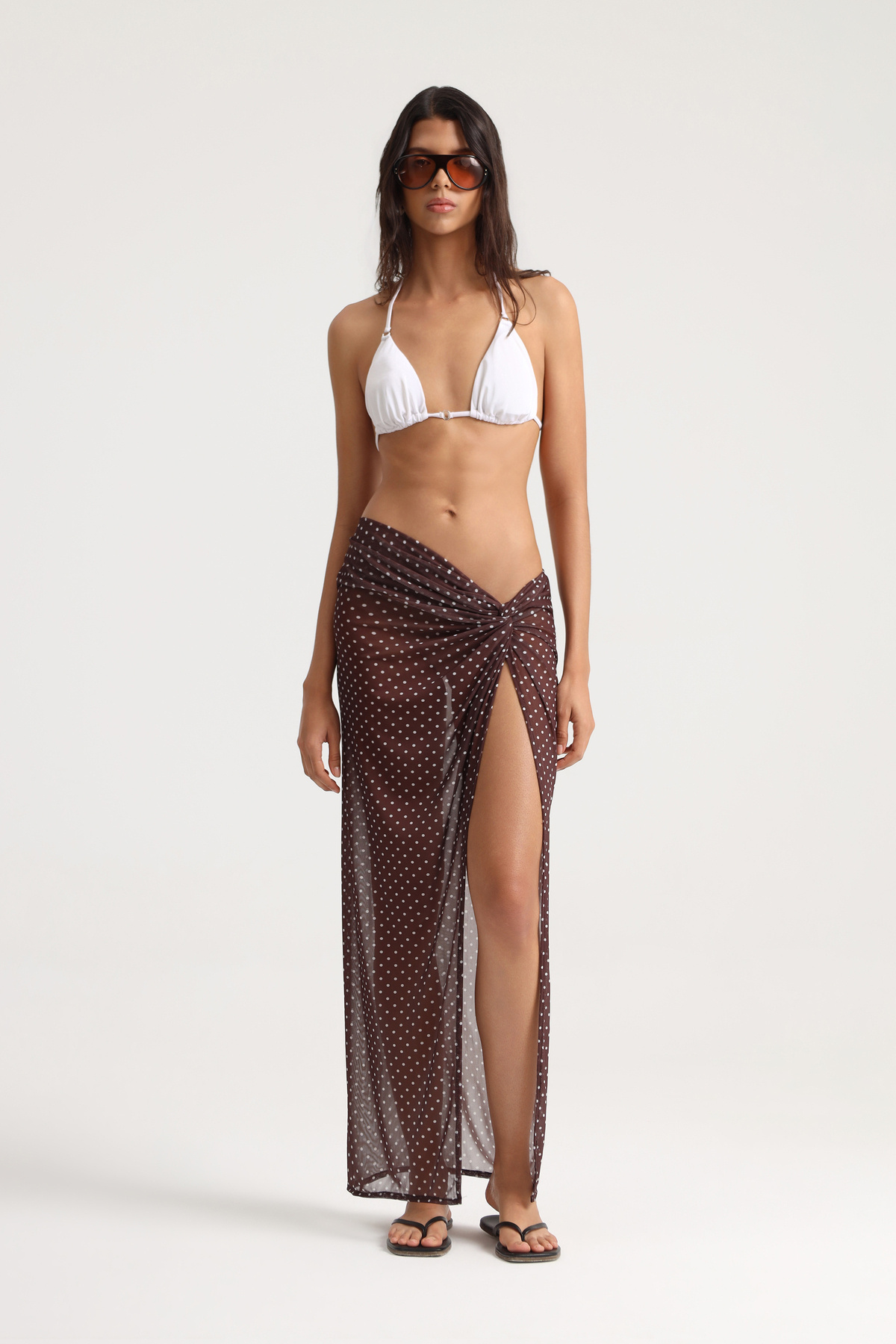 Lysa Knotted Brown Polka Dot Patterned Maxi Beach Skirt - Pareo