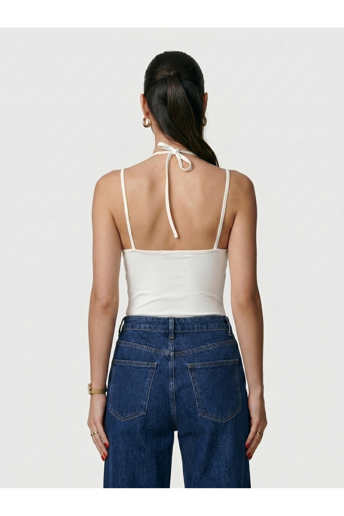 Kadın Dantel Yaka İnce Askılı Çıtçıtlı Body Slim Fit Dar Kalıp Likralı Bodysuit - Beyaz 4