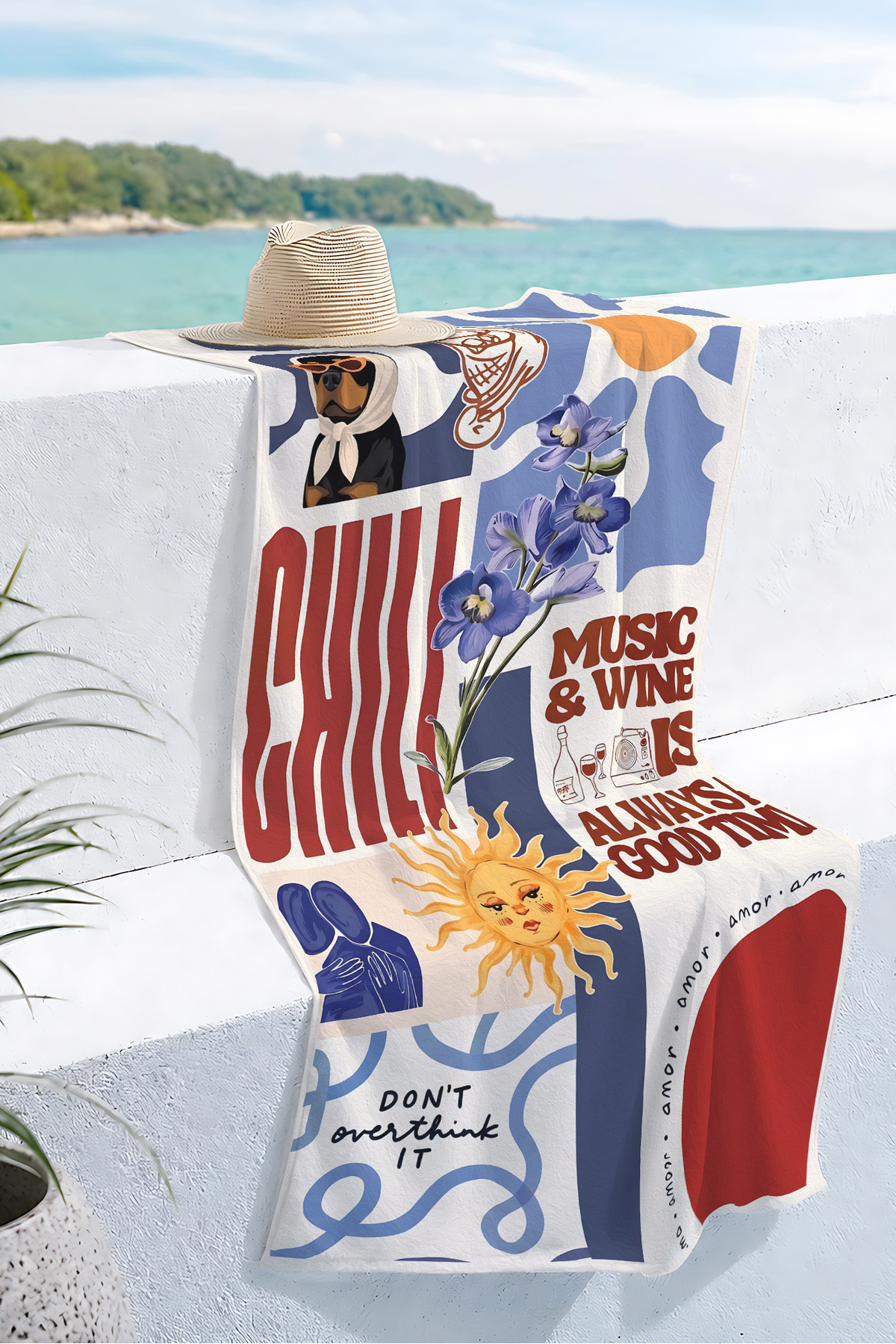 Bohemian Artistic Collage Beach Towel Blanket - Mediterranean Modern Color Fast Drying Microfiber Towel Blanket