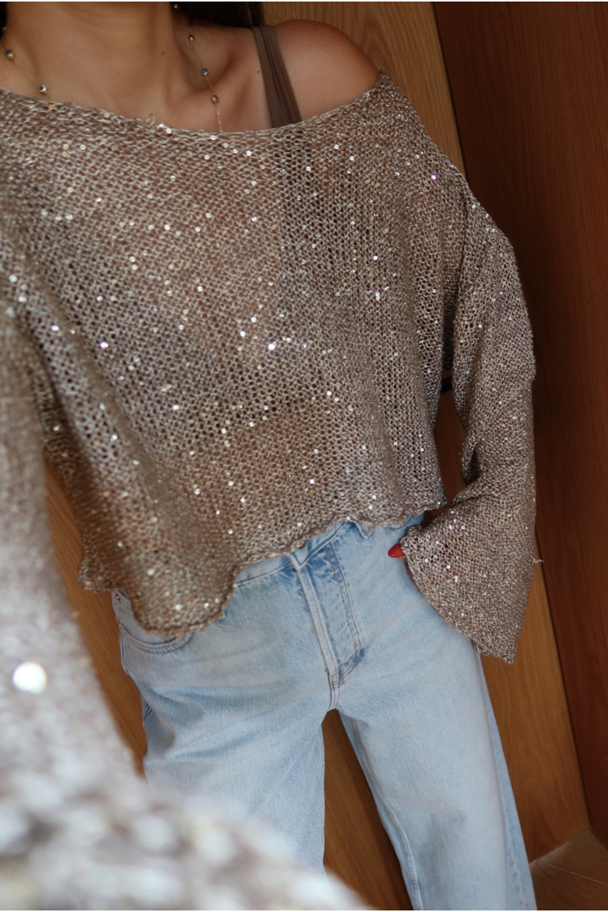 MareandCo Uzun Kollu Pullu Merserize Kayık Yaka Crop Bluz