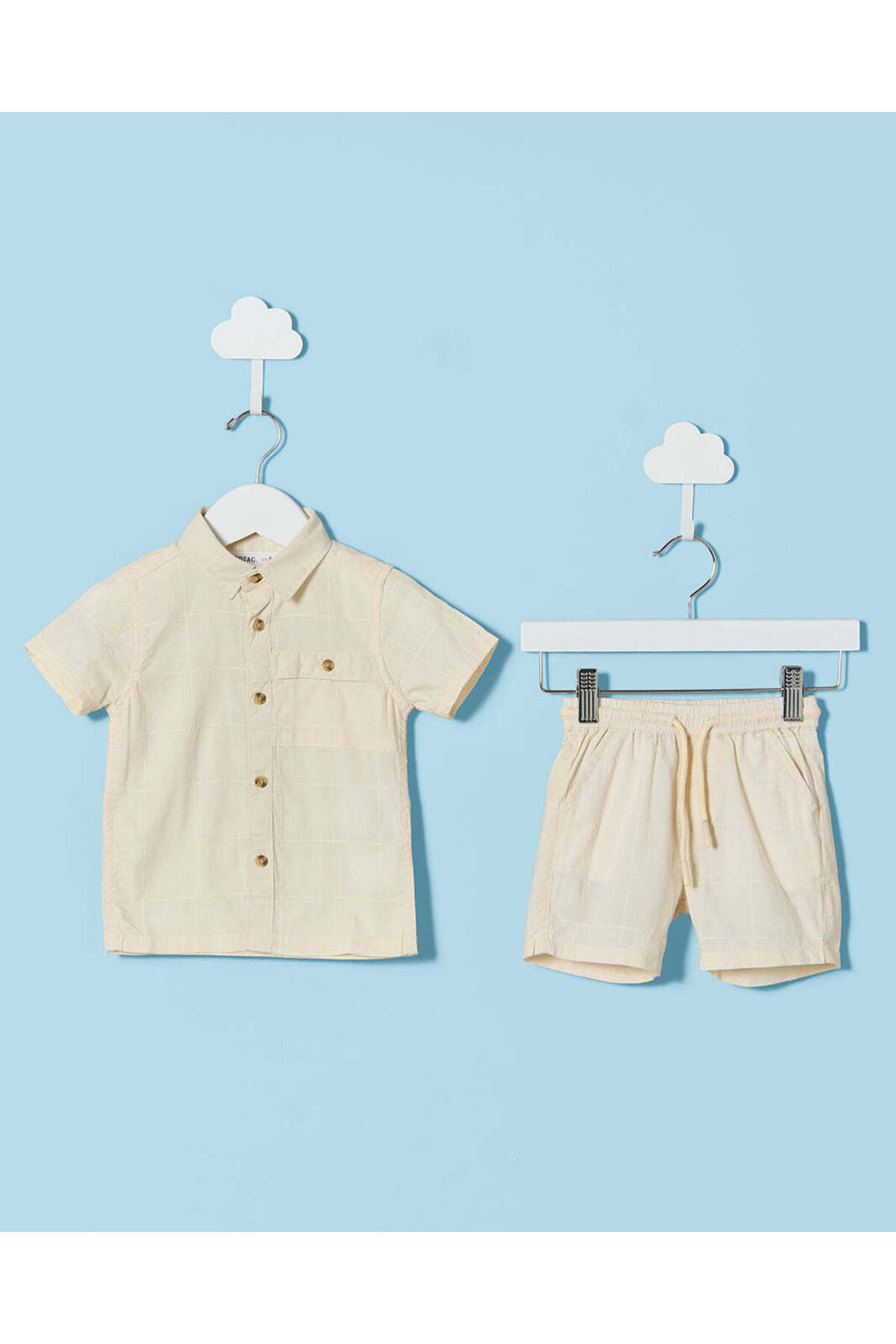 REDTAG Infant Boys Beige Shirt And Shorts 2 Piece Set