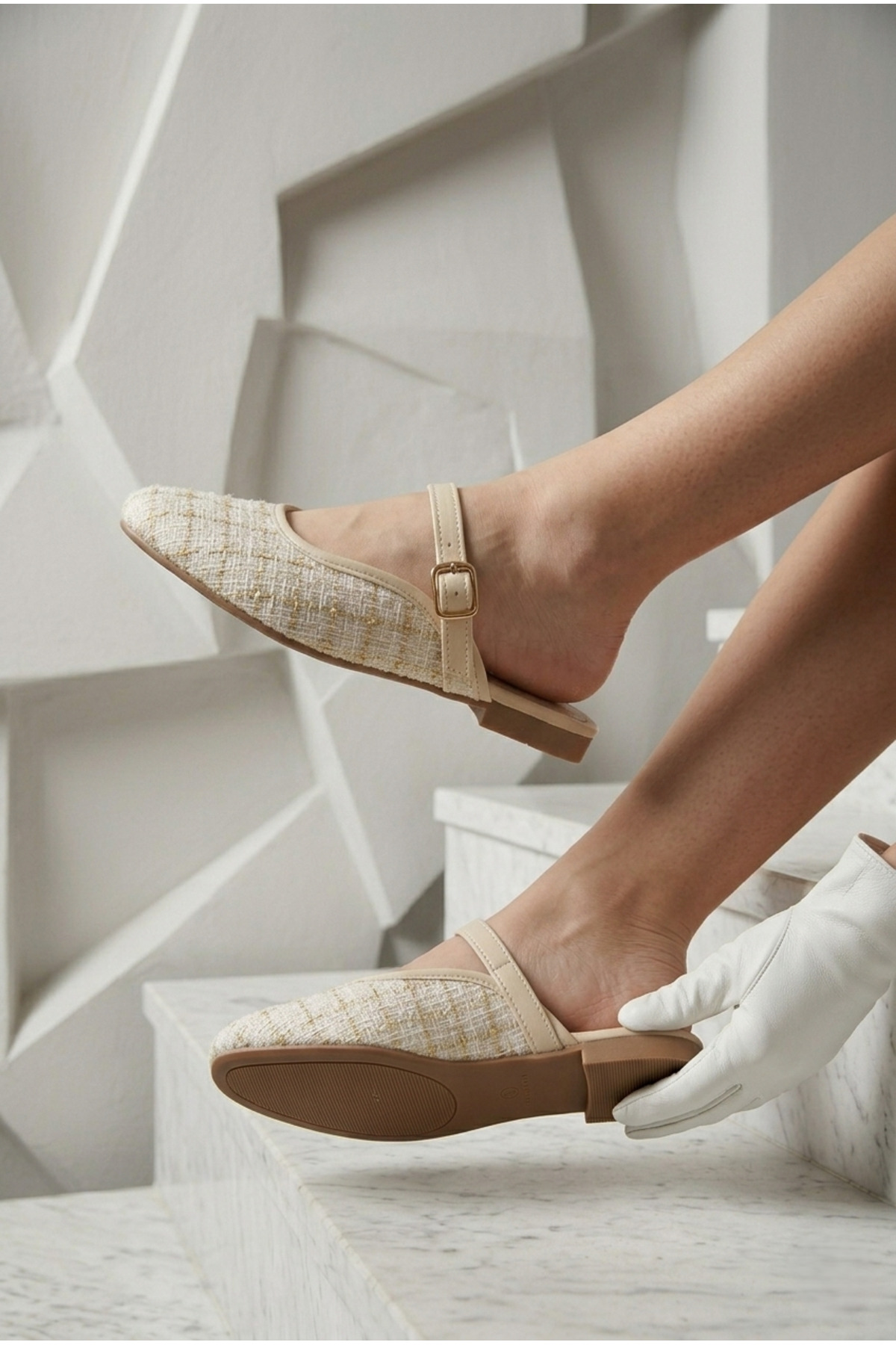 Moda Devrin Beige Buckle Tweed Women's Ballerina Slippers
