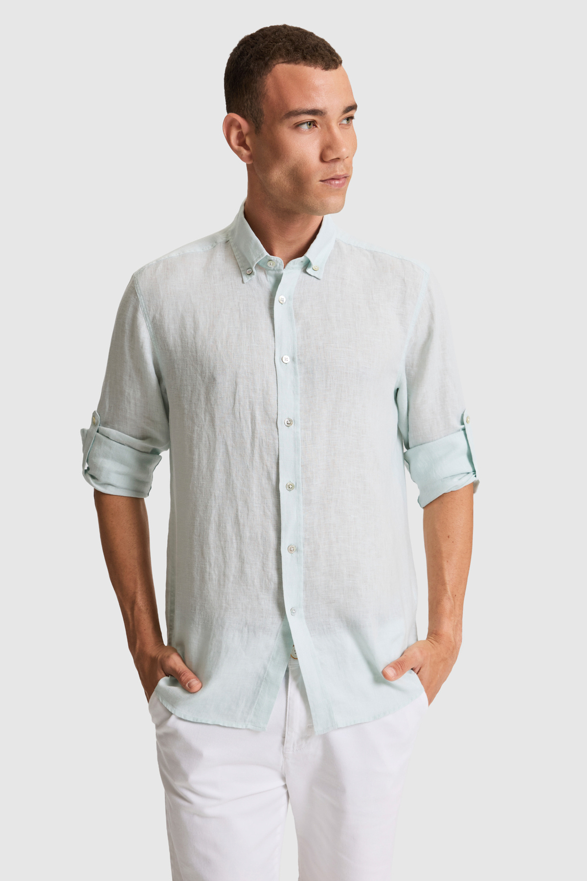 U.S. Polo Assn. Erkek Su Yeşili Keten Uzun Kollu Gömlek 50319065-VR083 — سبز