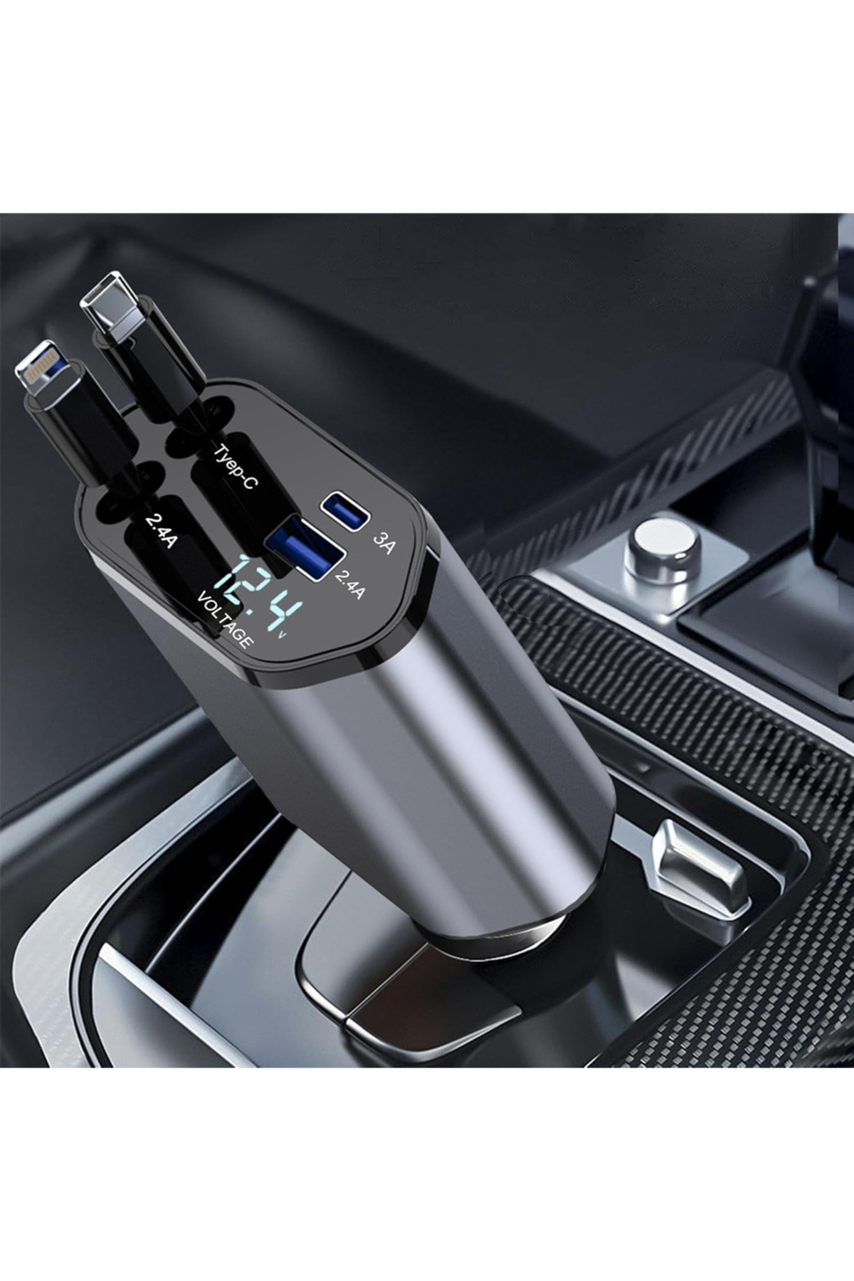 شاحن سيارة قابل للسحب بـ 4 منافذ، 120 واط، شحن سريع، محول USB من النوع C للسيارة مع شاشة عرض رقمية ل