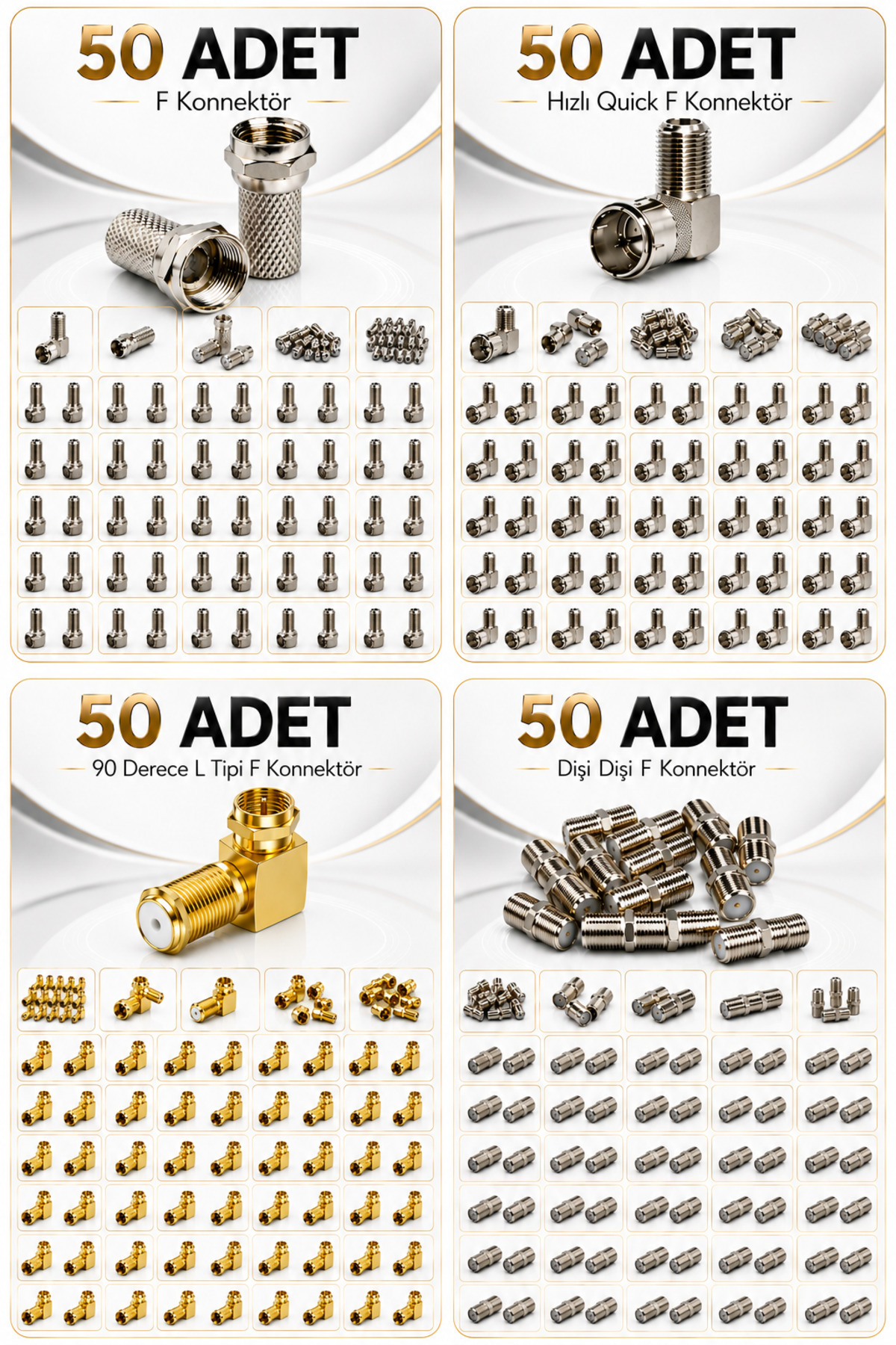 50 Adet F Konnektör Çeşitleri | 90 Derece Dirsek, Hızlı Tak Çalıştır Quick ve İki Tarafı Dişi F Konnektör Ara Adaptör | Televizyon ve Uydu Alıcısı Anten Bağlantı Ekipmanı