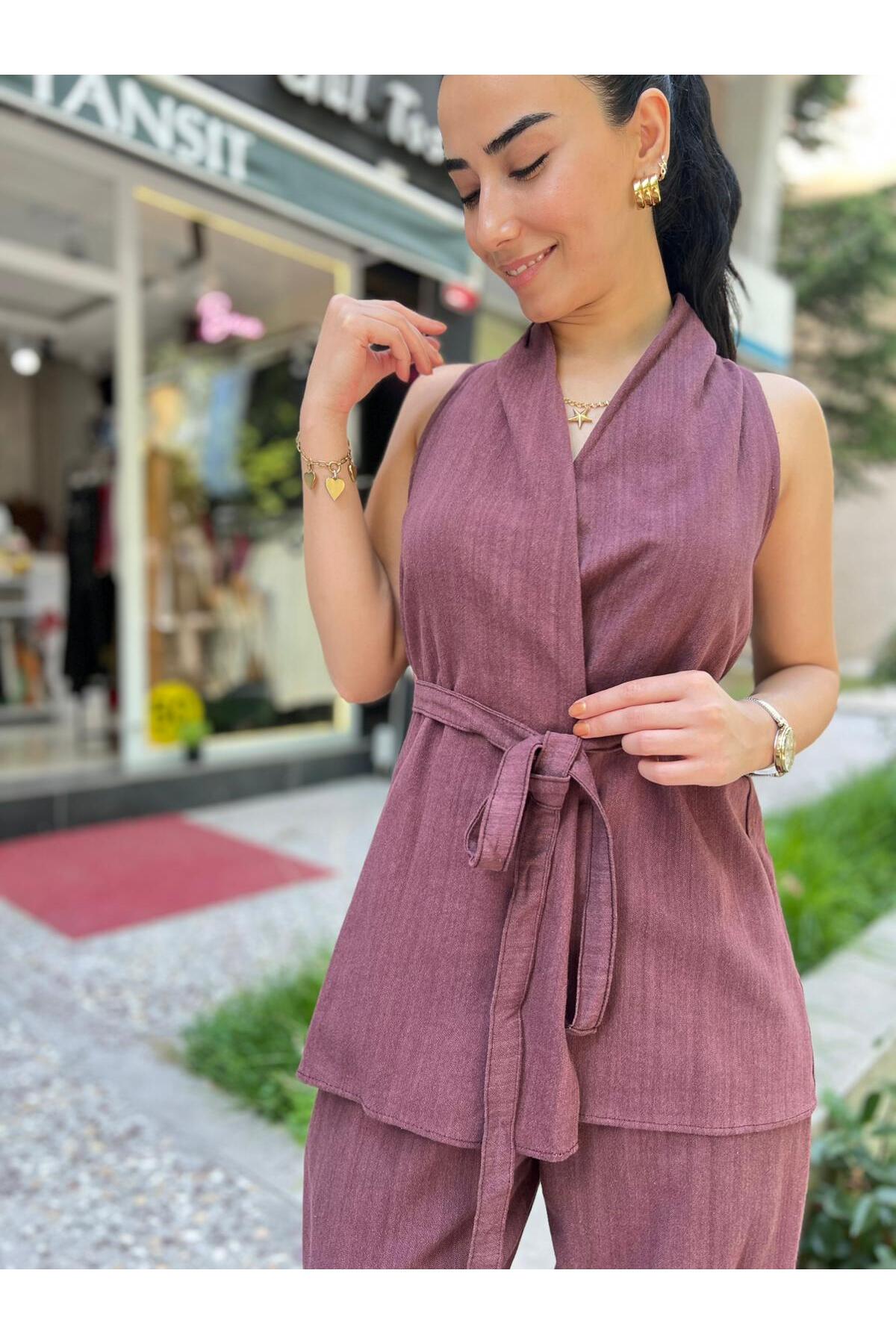 Sıfır Kollu Bağlamalı Alt Üst Pantolon Yelek Takım