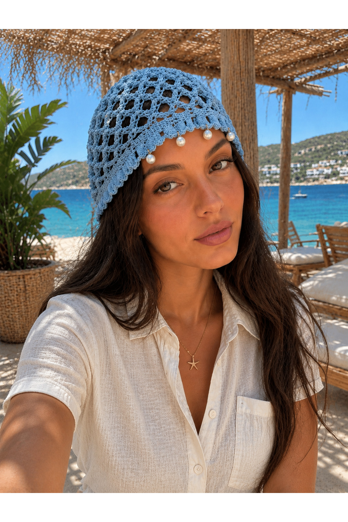 AGAPI Blue Mesh Knit Pearl Detailed Summer Women's Beret – Lightweight Breathable Beach Hat
