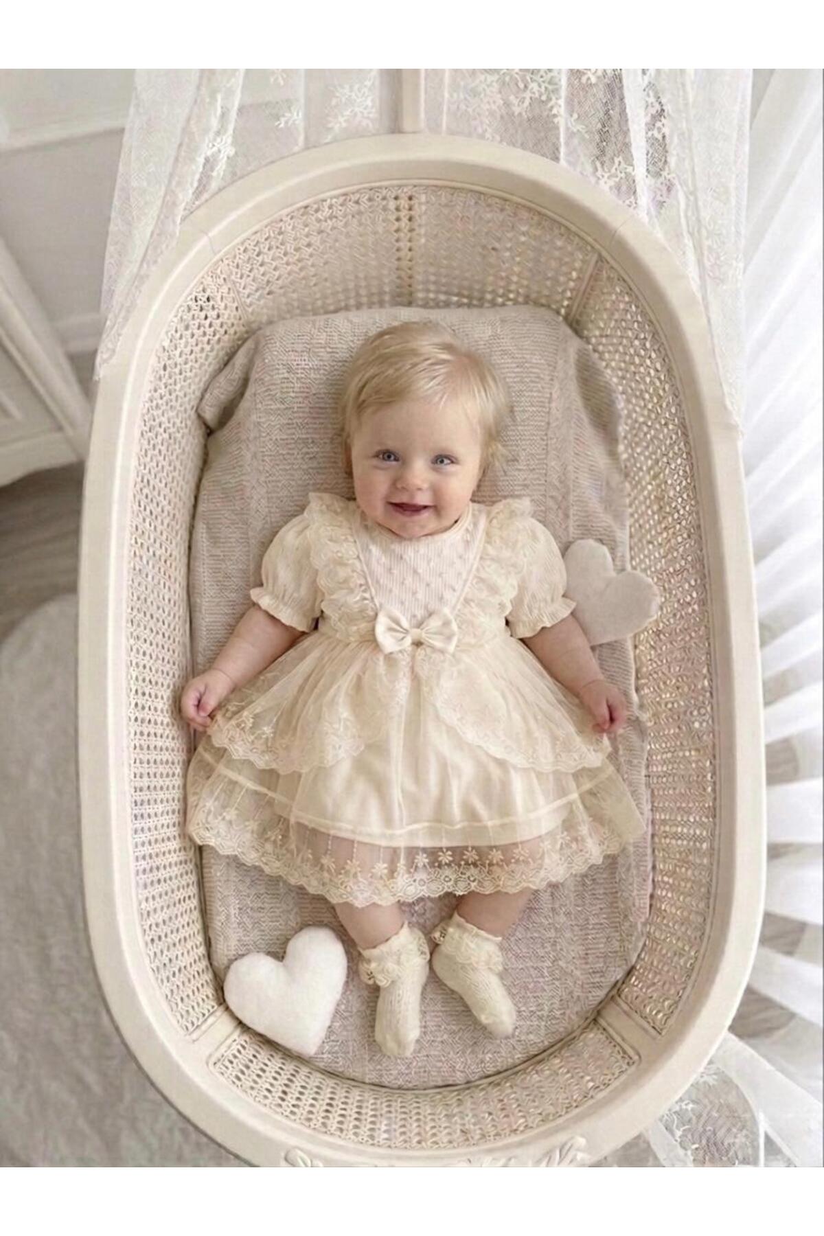 Bebila Baby Kız Bebek Mevlütlük Yazlık Elbise Bandanalı Dantelli Yeni doğan Hastane çıkışı % 100 Pamuk Gelinlik Abiye 4031k