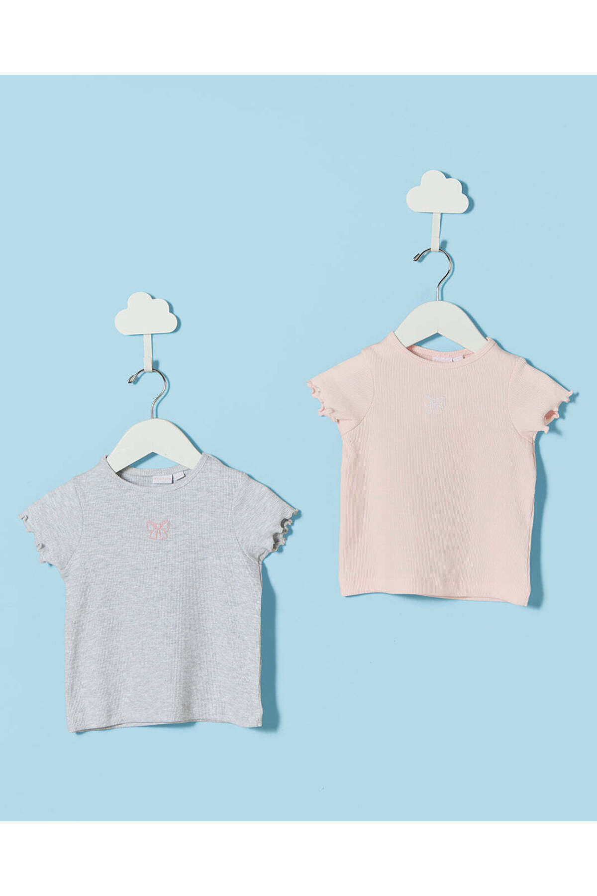 REDTAG Infant Girls Pink & Grey Melange Embroidered T-Shirts (Pack Of 2)