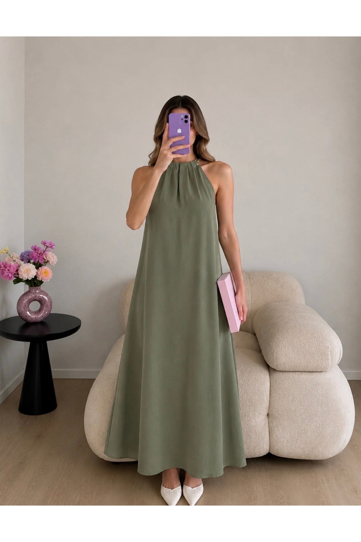 Gold Chain Halter Collar Maxi Dress