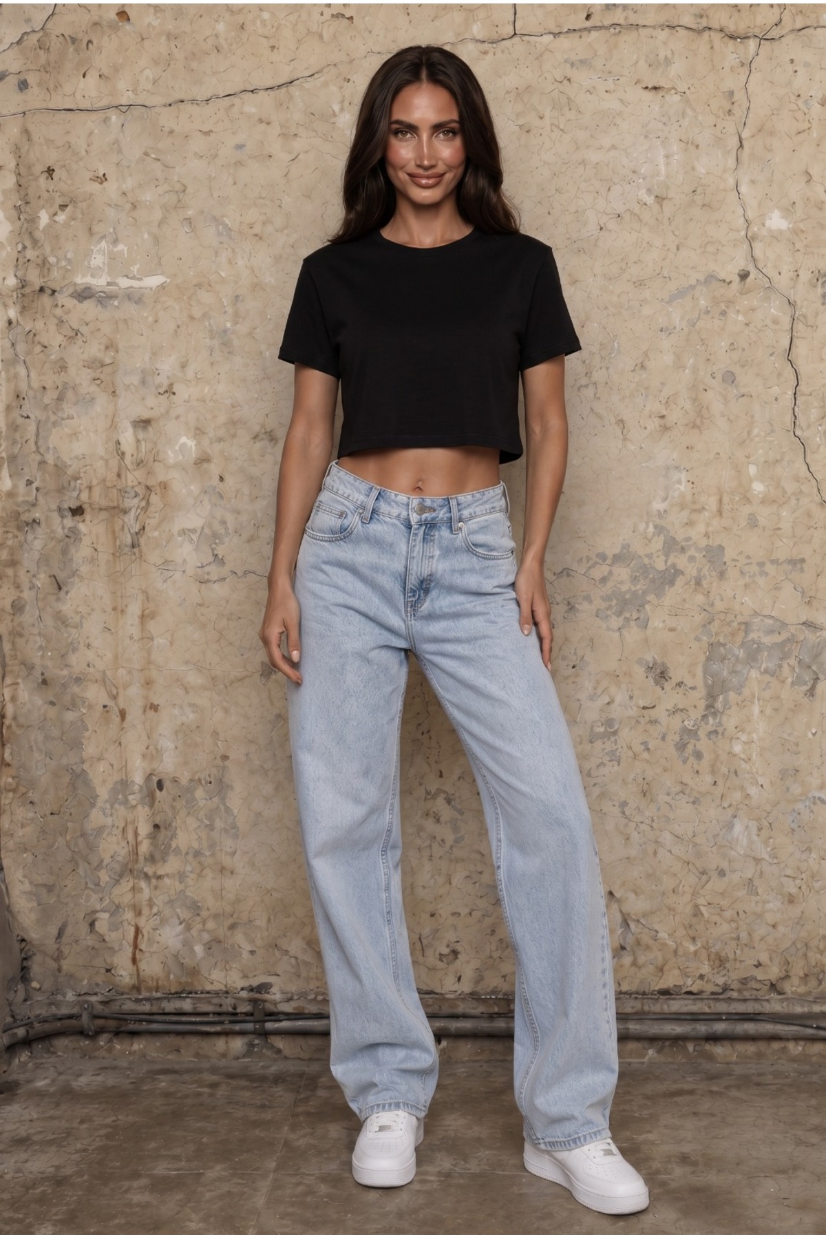 Kadın Yuvarlak Yaka Relaxed Fit Kısa Kol Basic Crop T-Shirt SİYAH 7