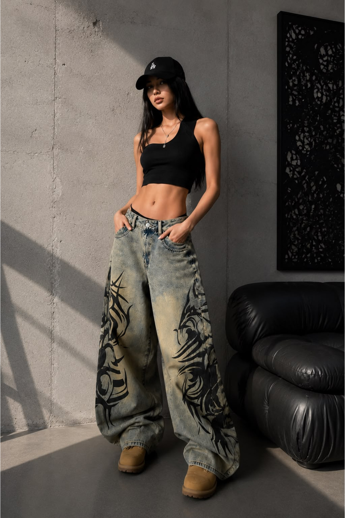 Bravebell Yıkamalı Tint Dragon Detail Baggy Unisex Jean görsel 7