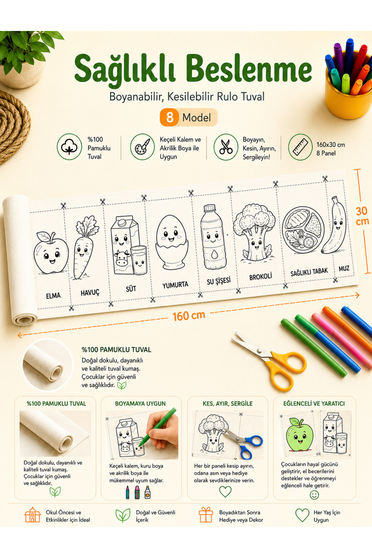 Boyanabilir Kesilebilir Rulo Tuval Sağlıklı Beslenme 8 Model Çocuk Boyama Seti 160x30 cm