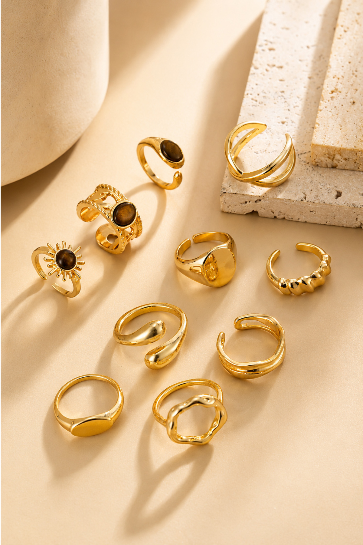 TREND COLLECTİON 10’lu Gold Ayarlanabilir Yüzük Seti - Vintage Kadın VİP Yüzük Set görsel 6