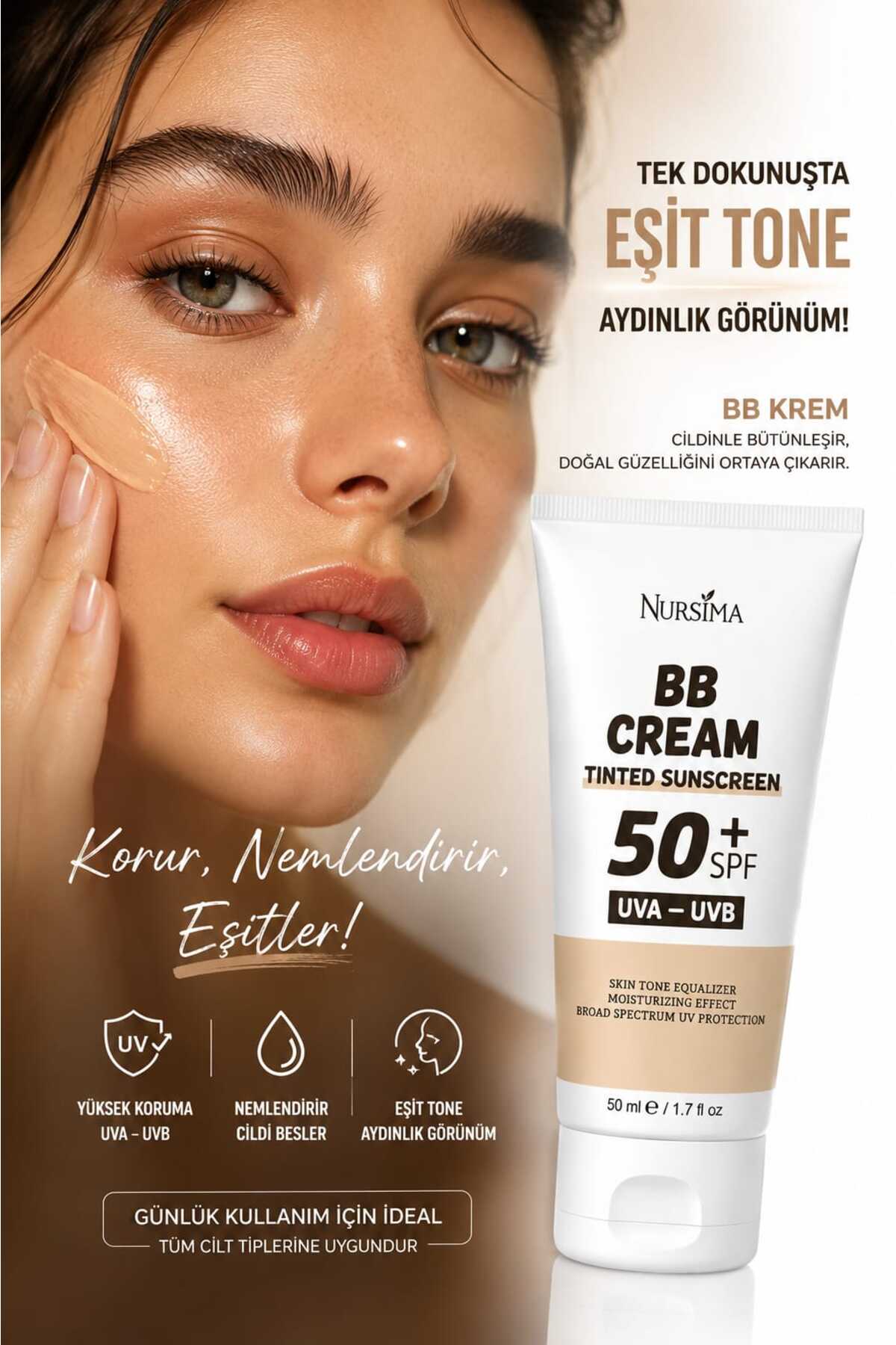Fondötenli Güneş Kremi SPF 50+ Renkli Ton Eşitleyici UVA UVB Koruyucu — 64743454334 — تصویر 4 از 6