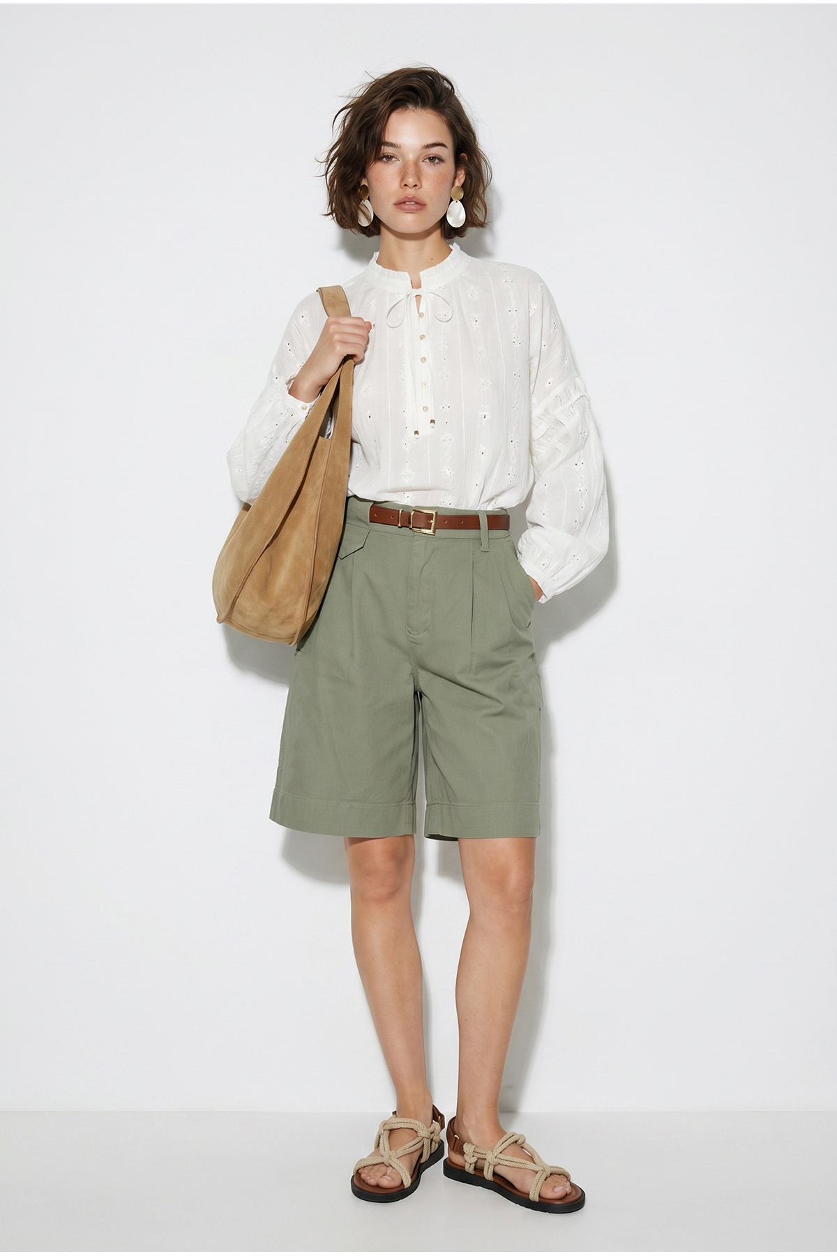 Women's High Waist Pleat Detailed Belted Bermuda Shorts YP5439 60286406