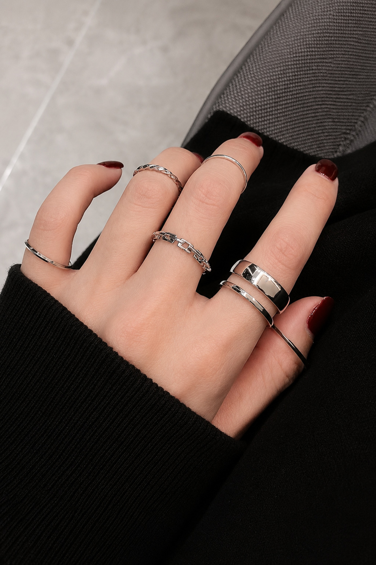 TREND COLLECTİON Kadın Gümüş Renk Çoklu Yüzük Seti - Minimal Kombin Yüzük Set görsel 3