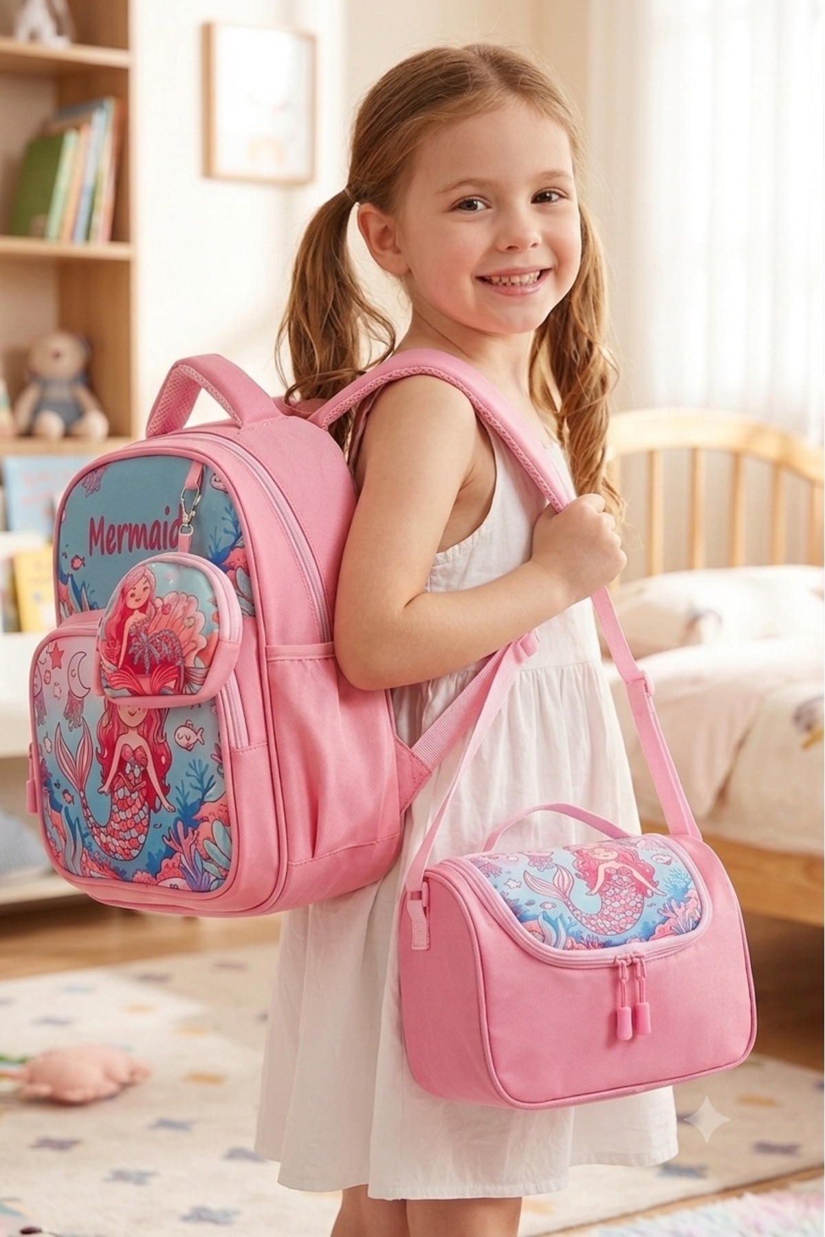JF Jasfur Leather Printed Pink Mermaid Themed Nursery and Preschool Kindergarten Backpack, Children's Bag with Thermal Meal and Wallet Gift