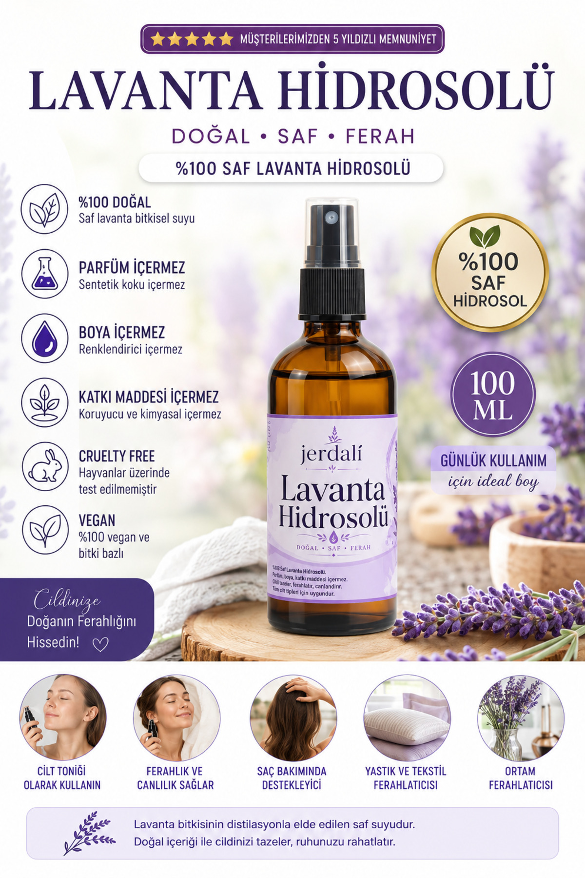 Lavanta Hidrosolü 100 ml | %100 Saf Doğal Lavanta Suyu | Buhar Distilasyonu ile Elde Edilmiş Aromatik Lavanta Suyu Lavanta Mayası — lvnt-hid-100ml — تصویر 2 از 5