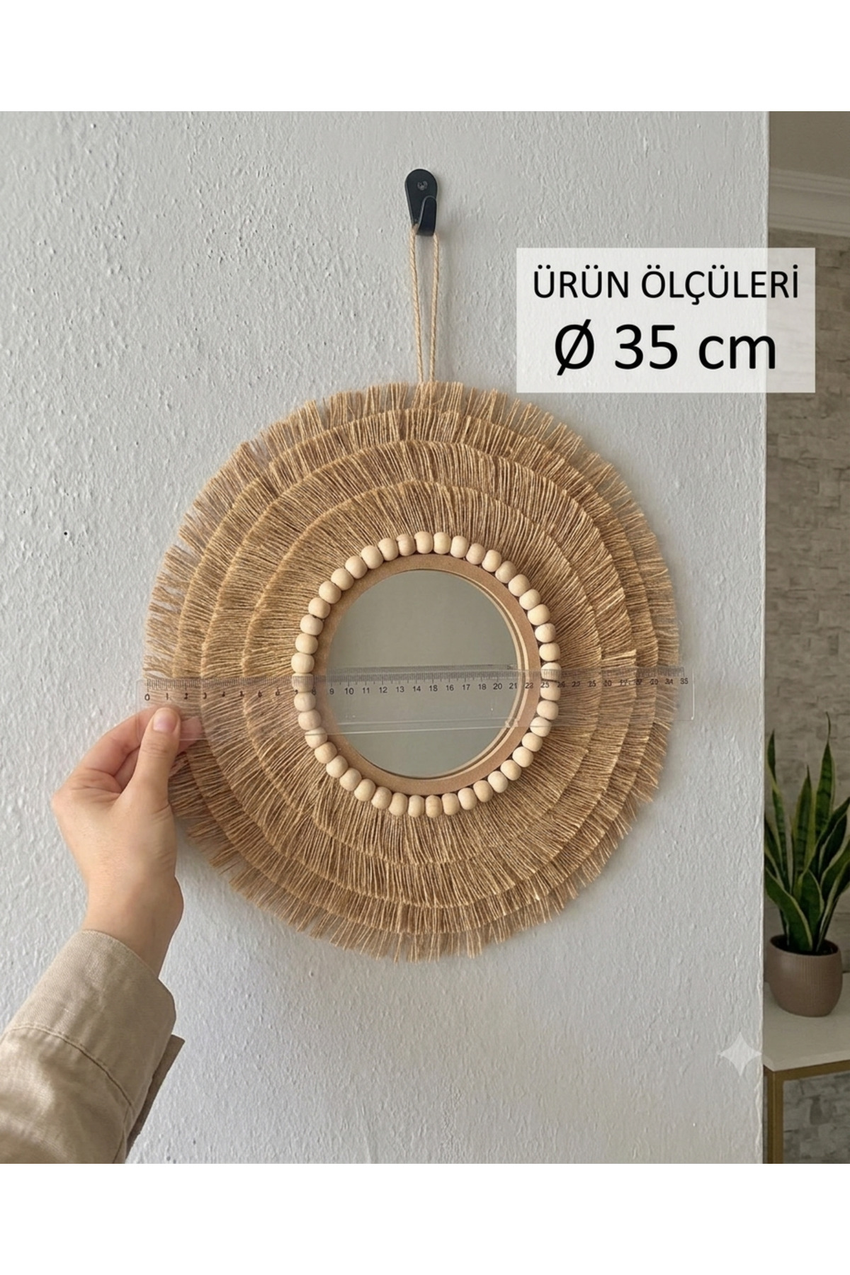 Jüt saçaklı ayna boncuklu duvar süsü