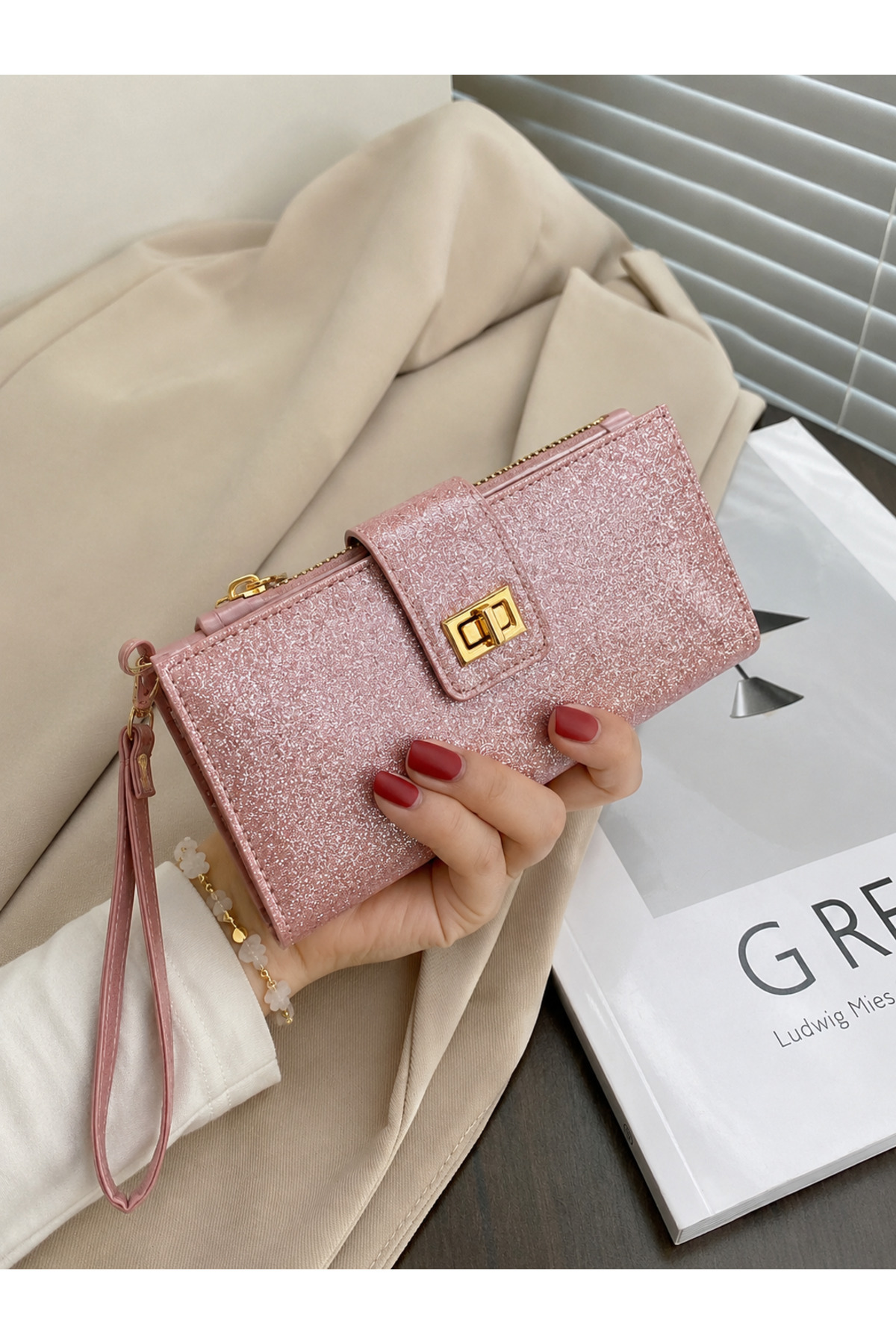 essbag Simli Pembe Cüzdan, Fermuarlı, Çok Bölmeli Şık Cüzdan
