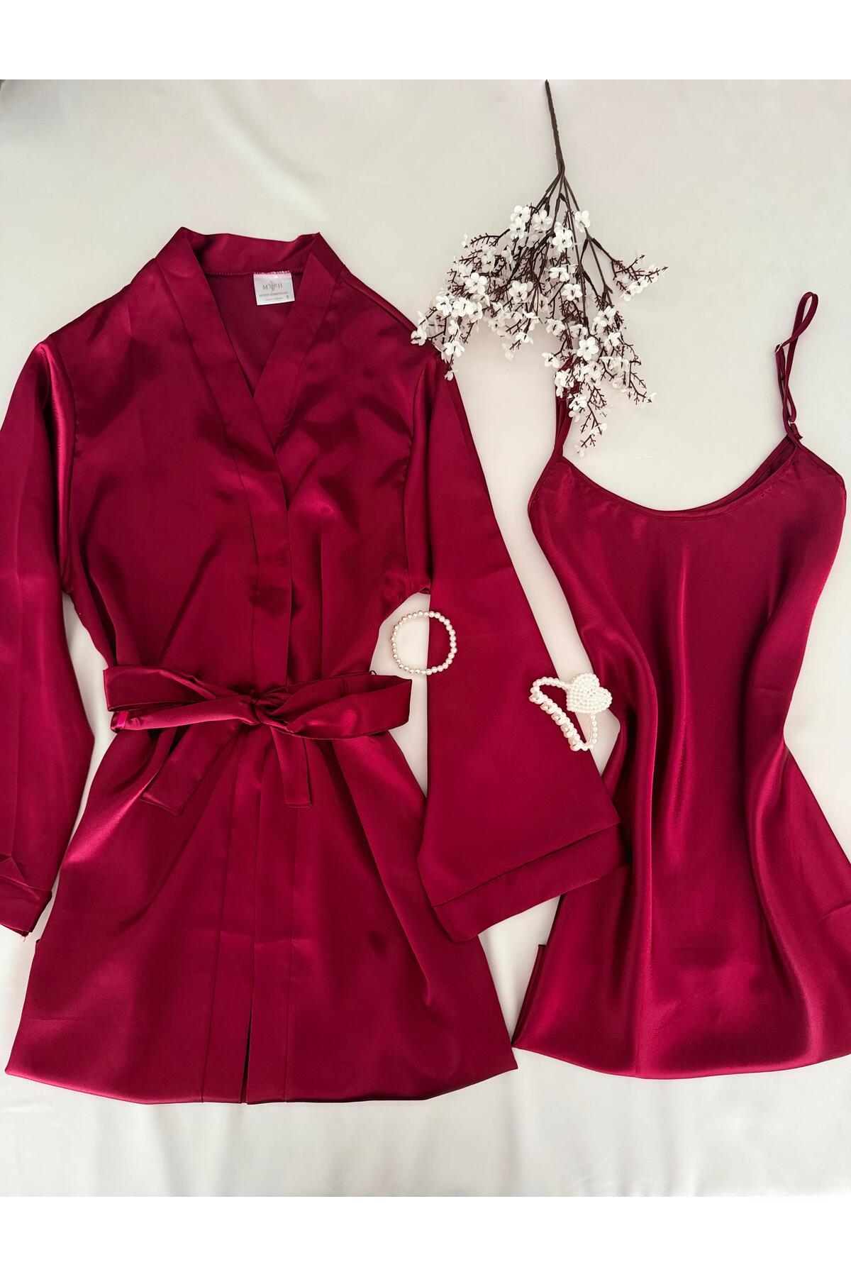 2-Piece Claret Red Satin Nightgown Set
