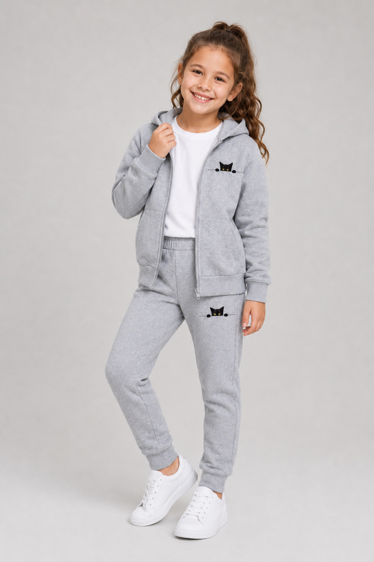 han elegant Set de trening pentru fete cu imprimeu pisică și fluture, cu fermoar