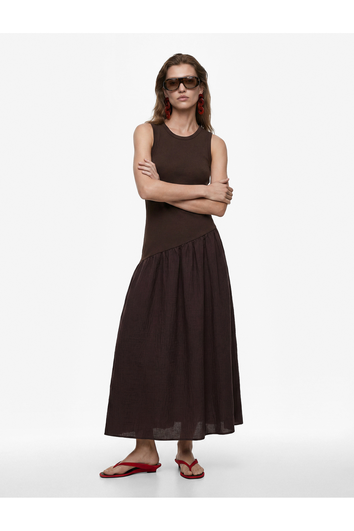 Koton Linen Look Asymmetrical Sleeveless Crew Neck A-Line Midi Dress